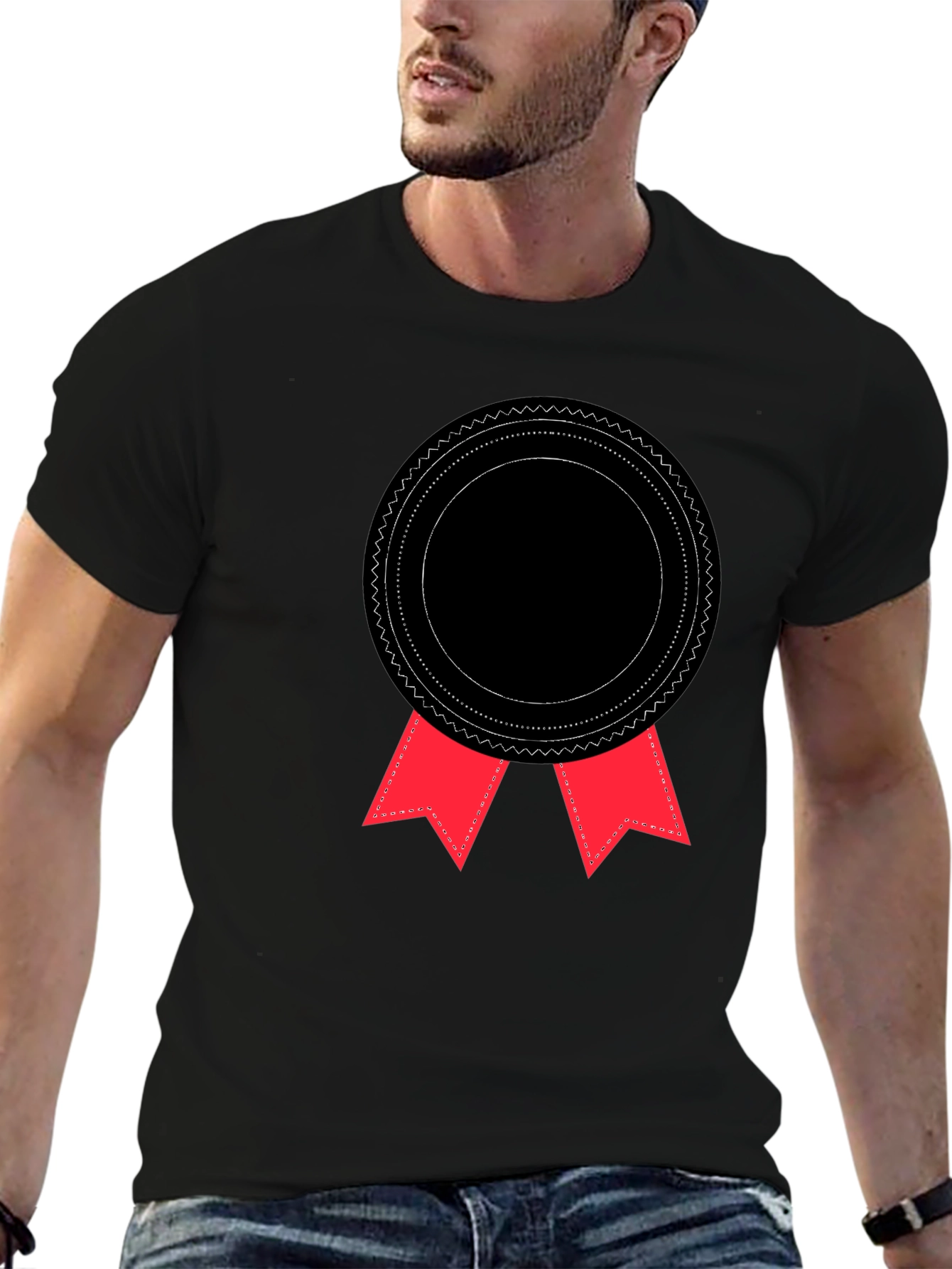 Black T-Shirt with Rosette Badge Graphic