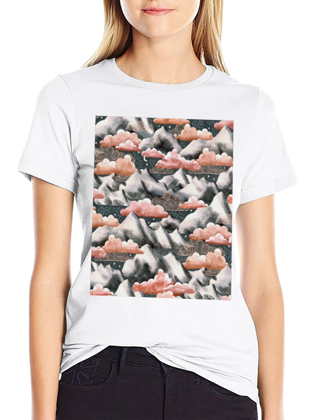 Mountain & Cloud Print T-Shirt