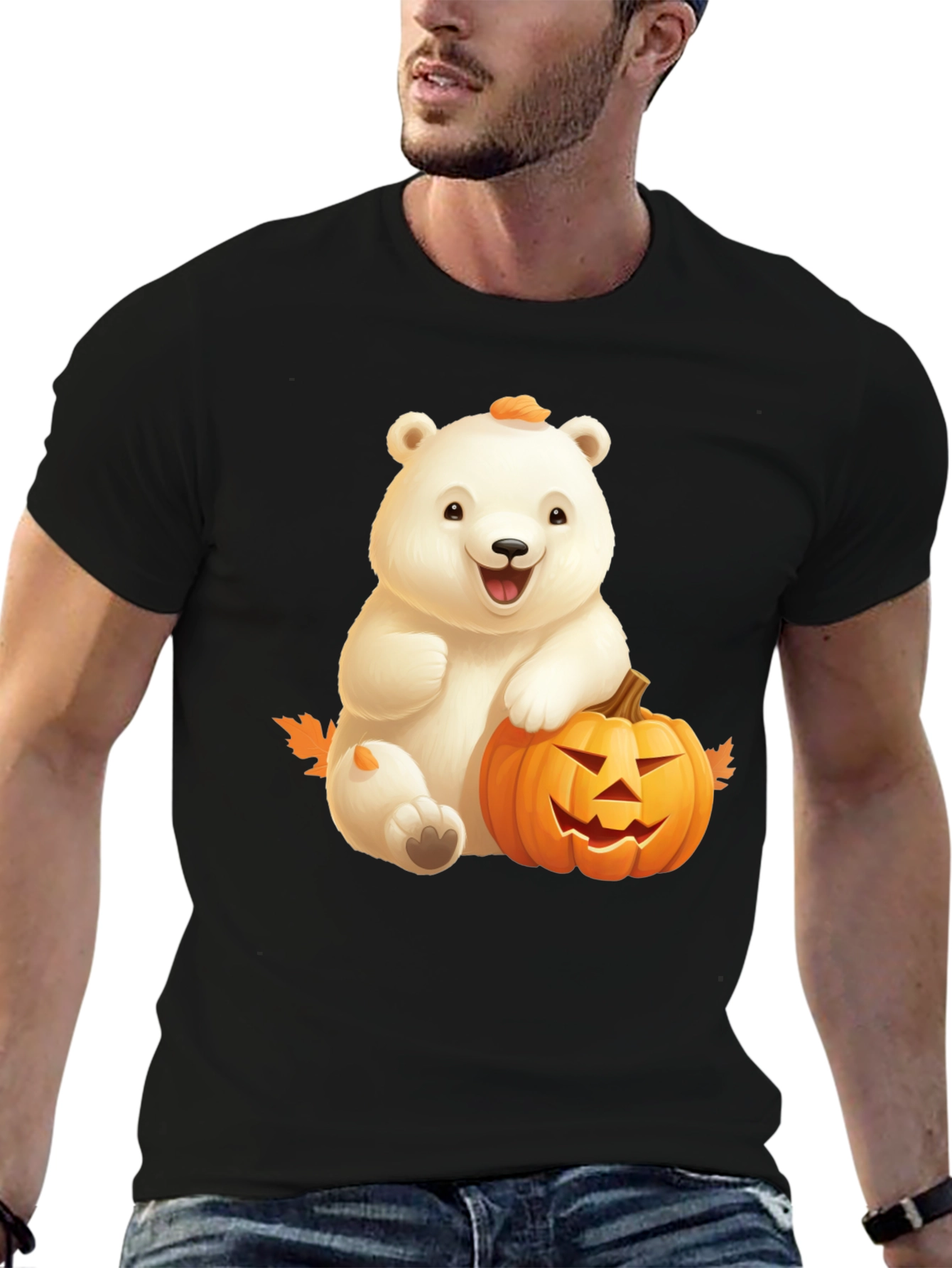 Halloween Bear & Pumpkin Black T-Shirt