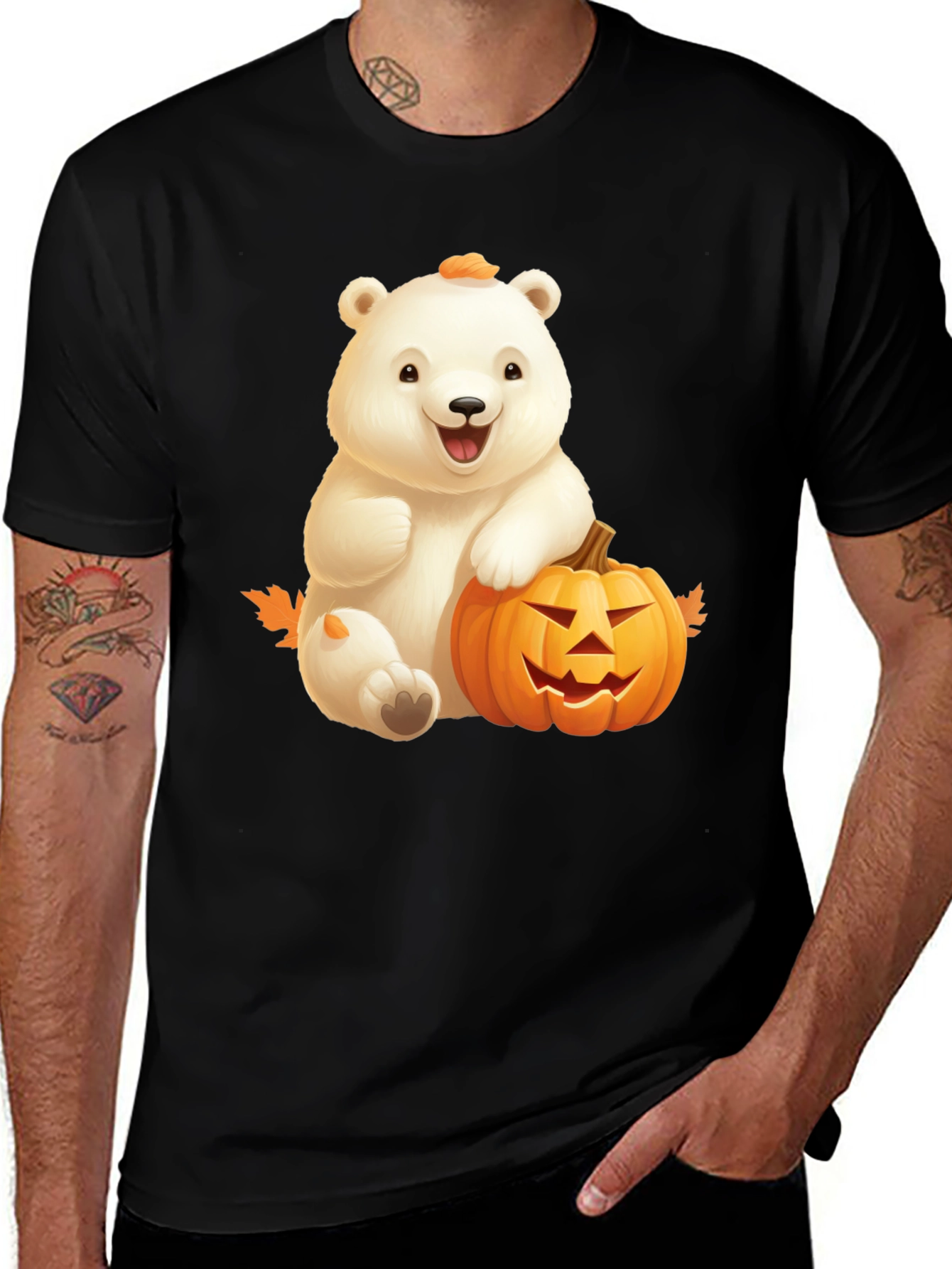 Halloween Bear & Pumpkin Black T-Shirt