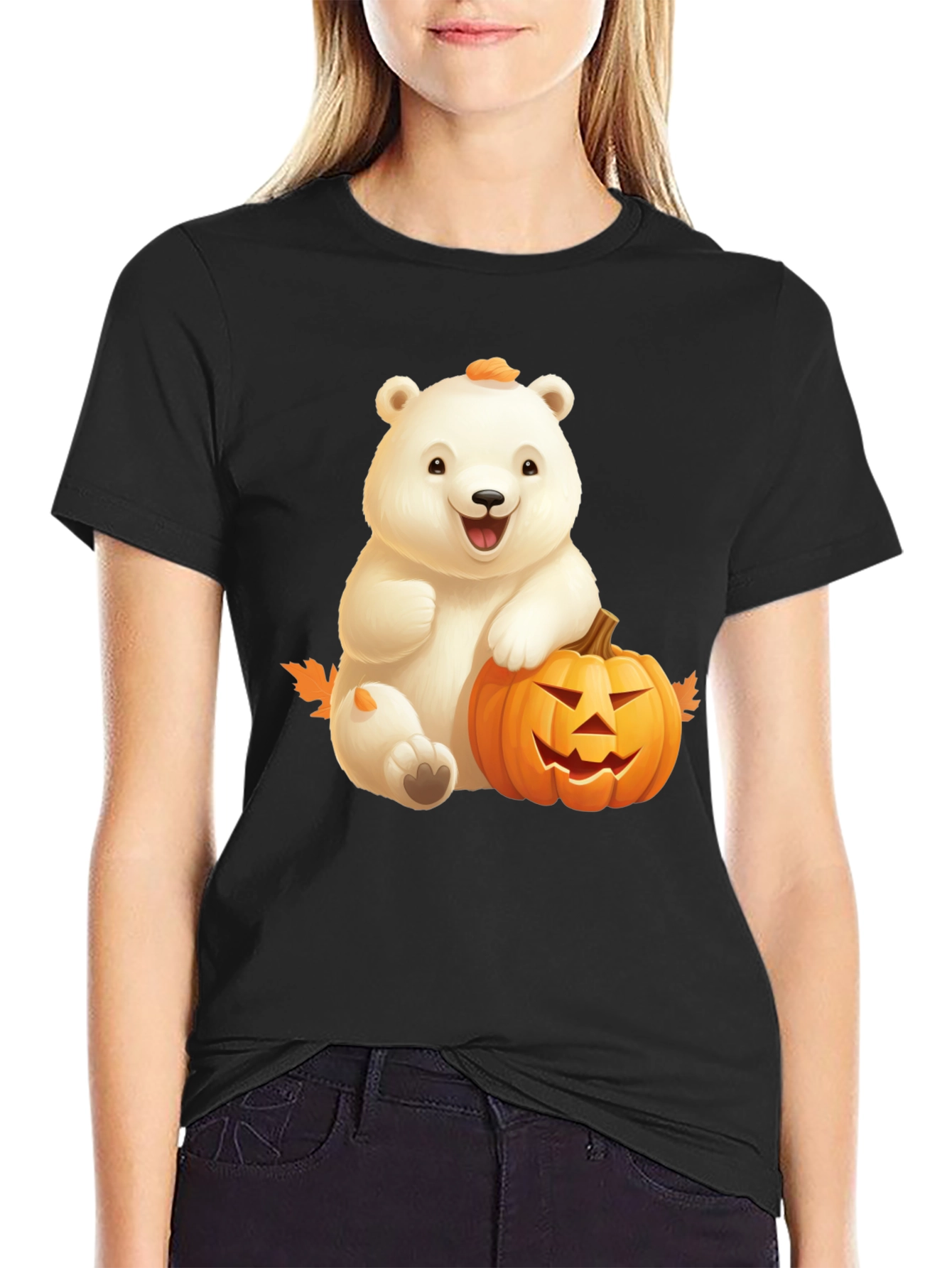 Halloween Bear & Pumpkin Black T-Shirt