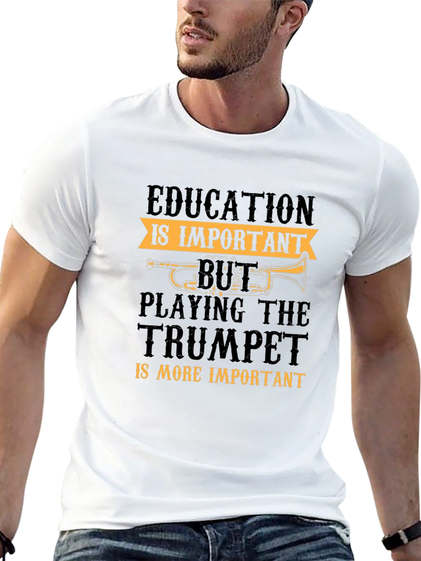 Trumpet Player Graphic Tee: Education vs. Music