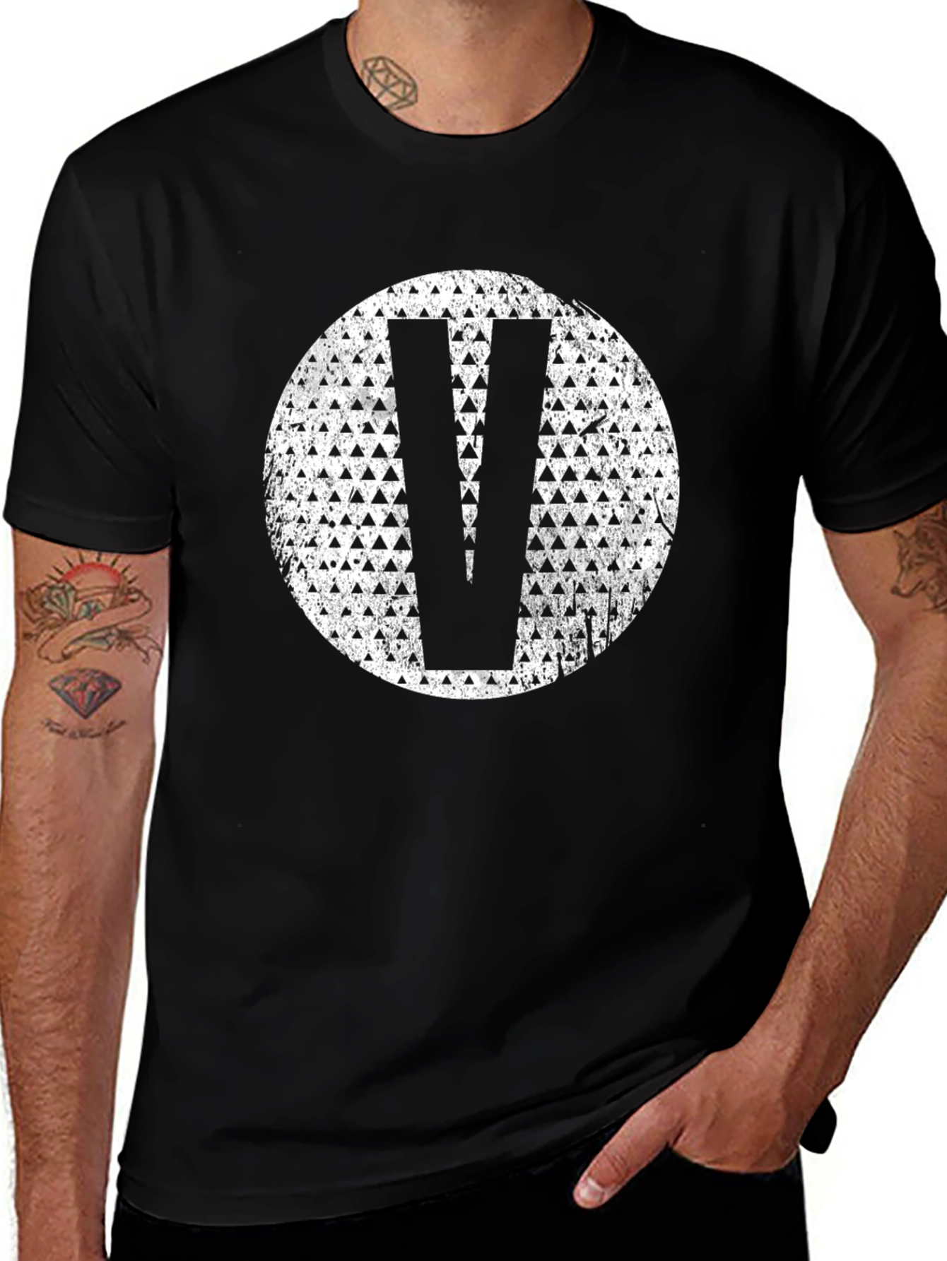 Mens Black T-Shirt with Letter V Graphic