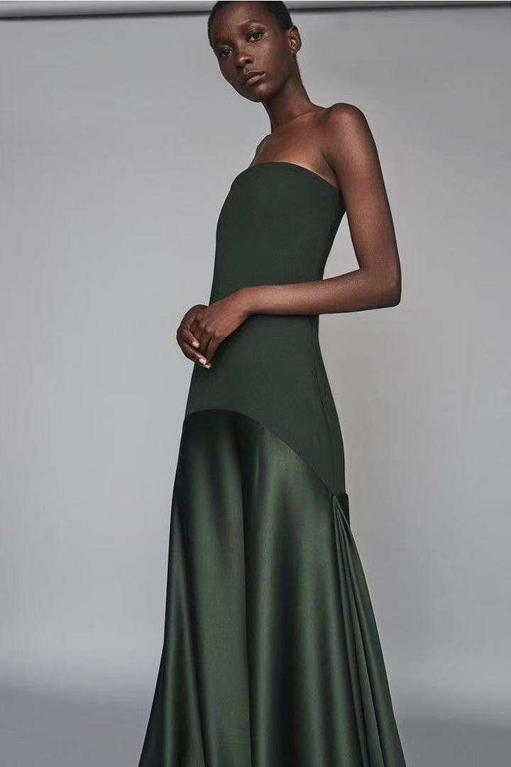 Strapless sleeveless suspender slim fit solid color dress