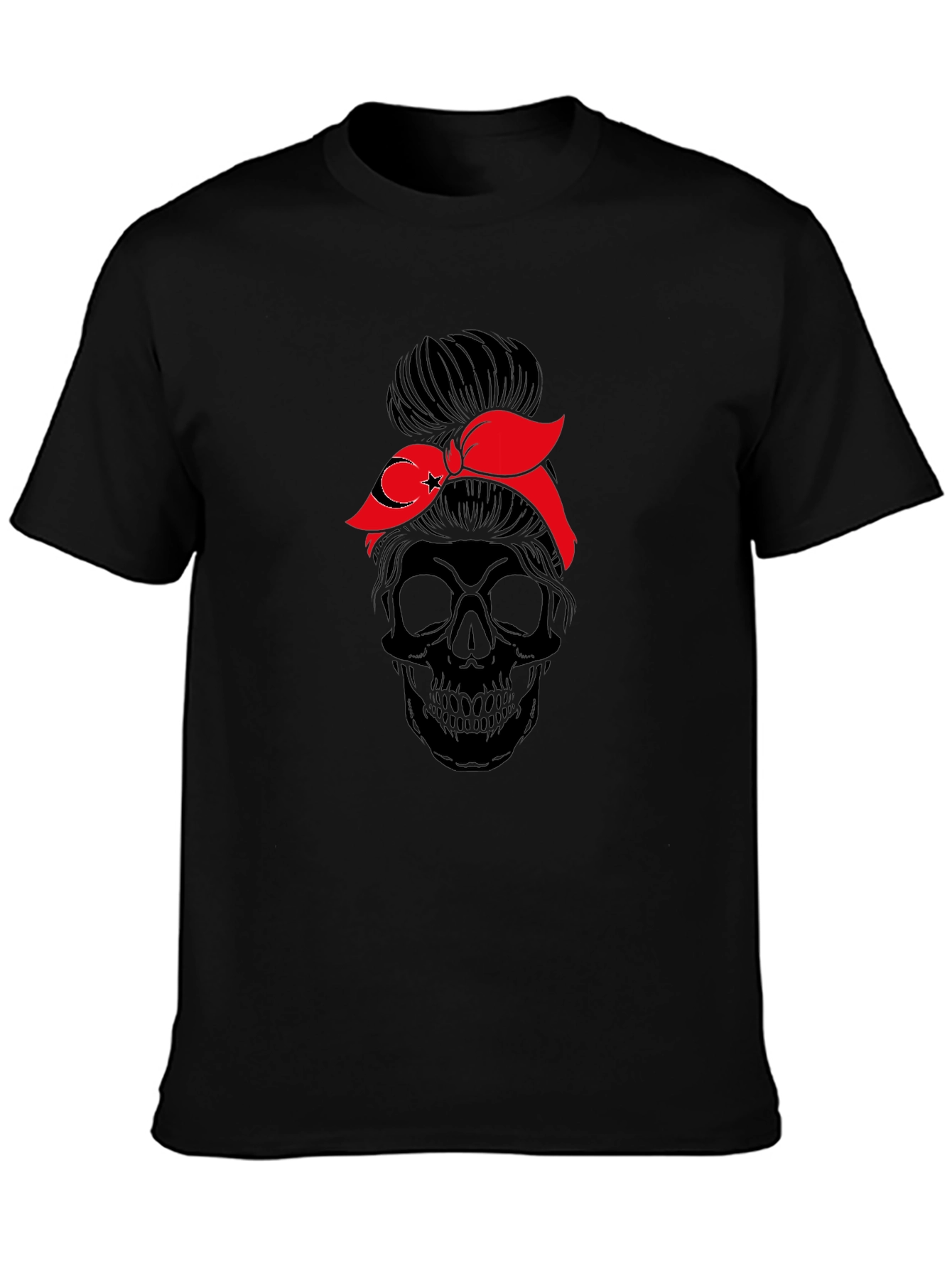 Skull Messy Bun T-Shirt - Turkish Flag Bandana