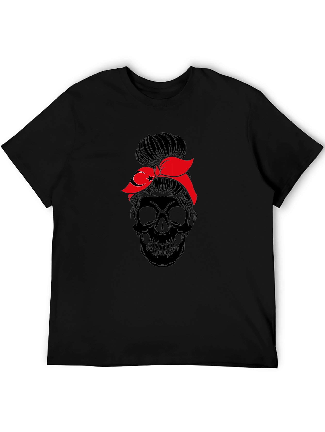 Skull Messy Bun T-Shirt - Turkish Flag Bandana