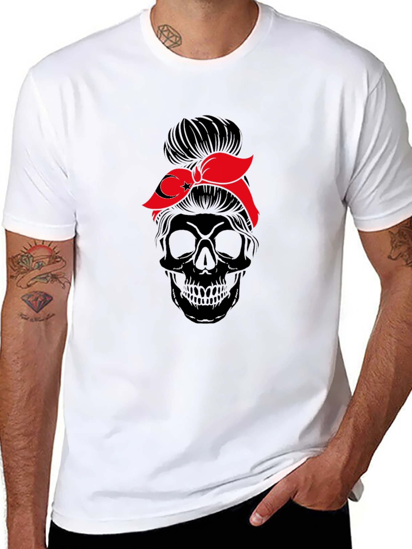 Skull Messy Bun T-Shirt - Turkish Flag Bandana