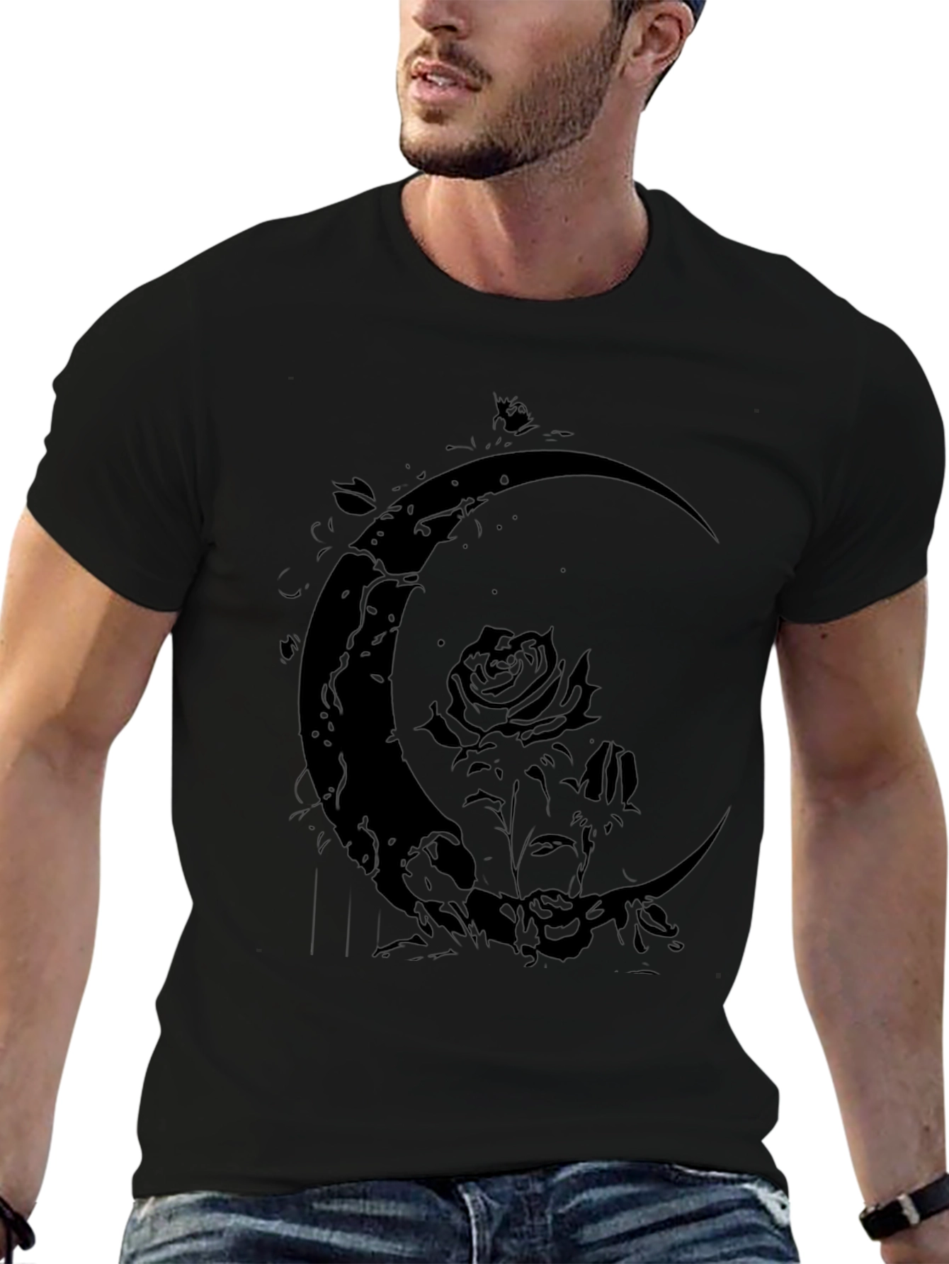 Crescent Moon Rose Graphic Black T-Shirt