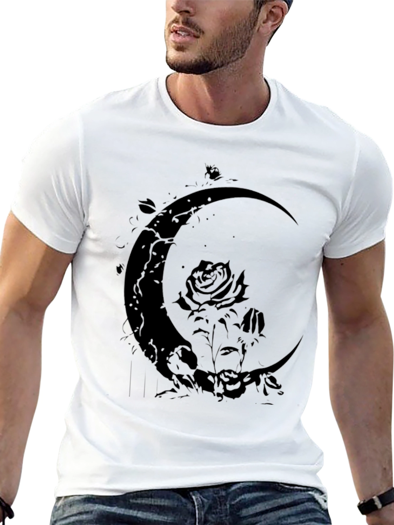 Crescent Moon Rose Graphic Black T-Shirt