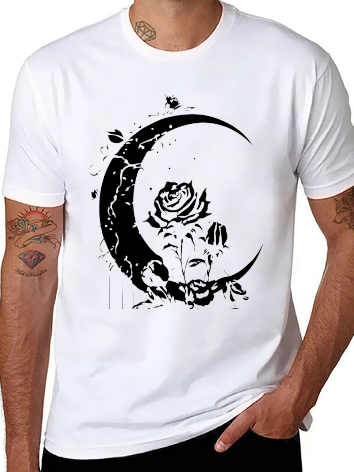 Crescent Moon Rose Graphic Black T-Shirt