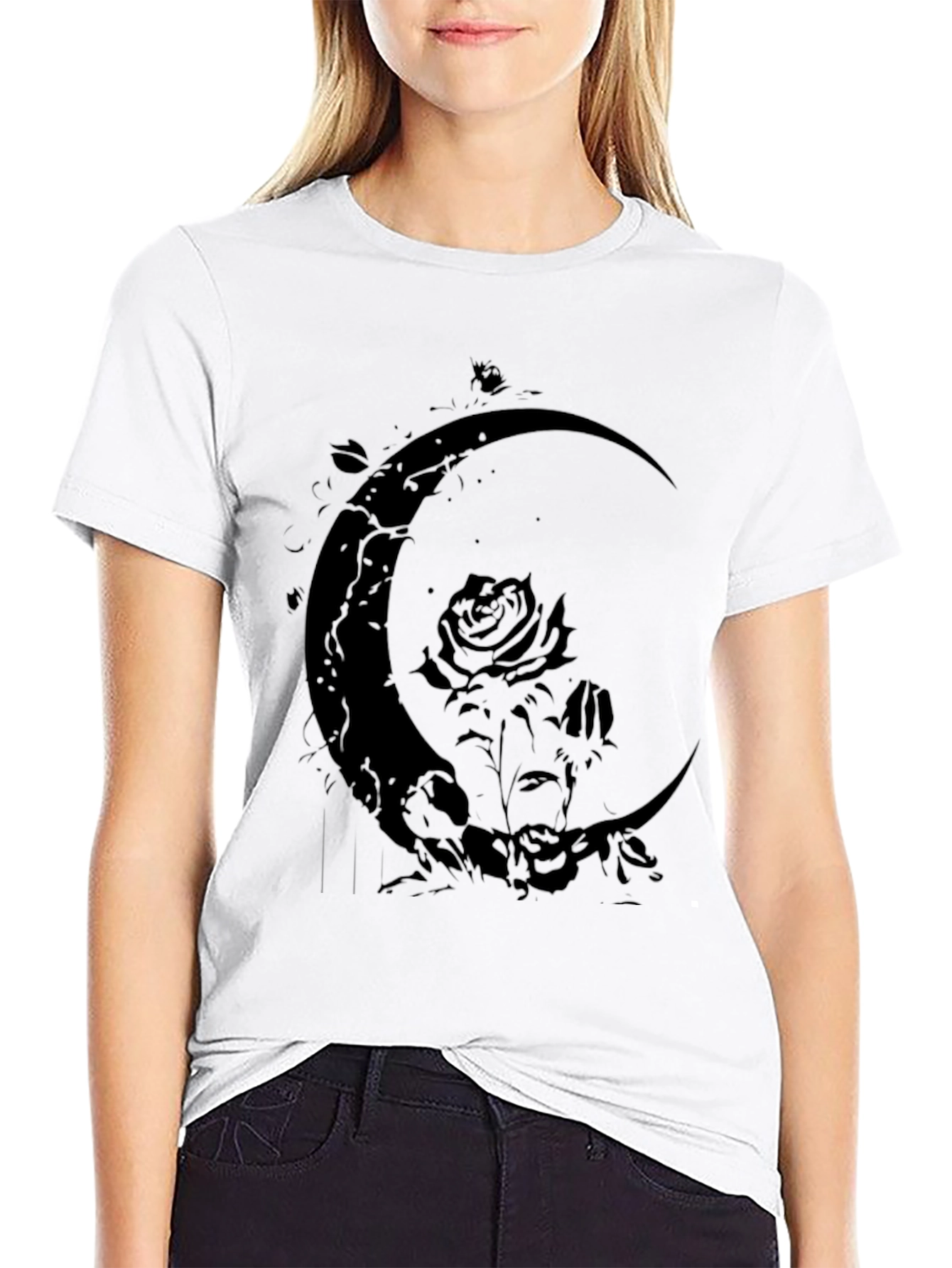 Crescent Moon Rose Graphic Black T-Shirt