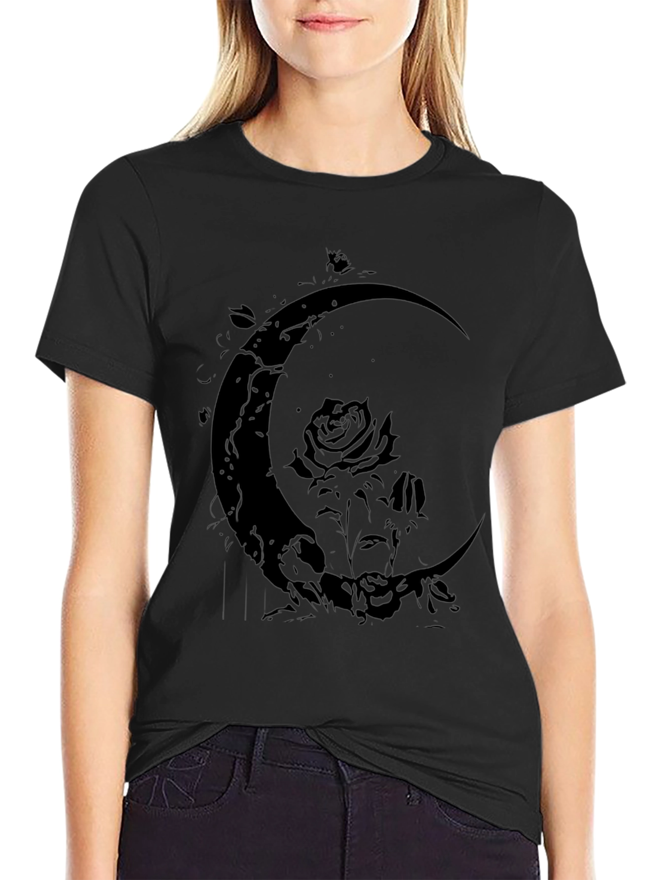 Crescent Moon Rose Graphic Black T-Shirt