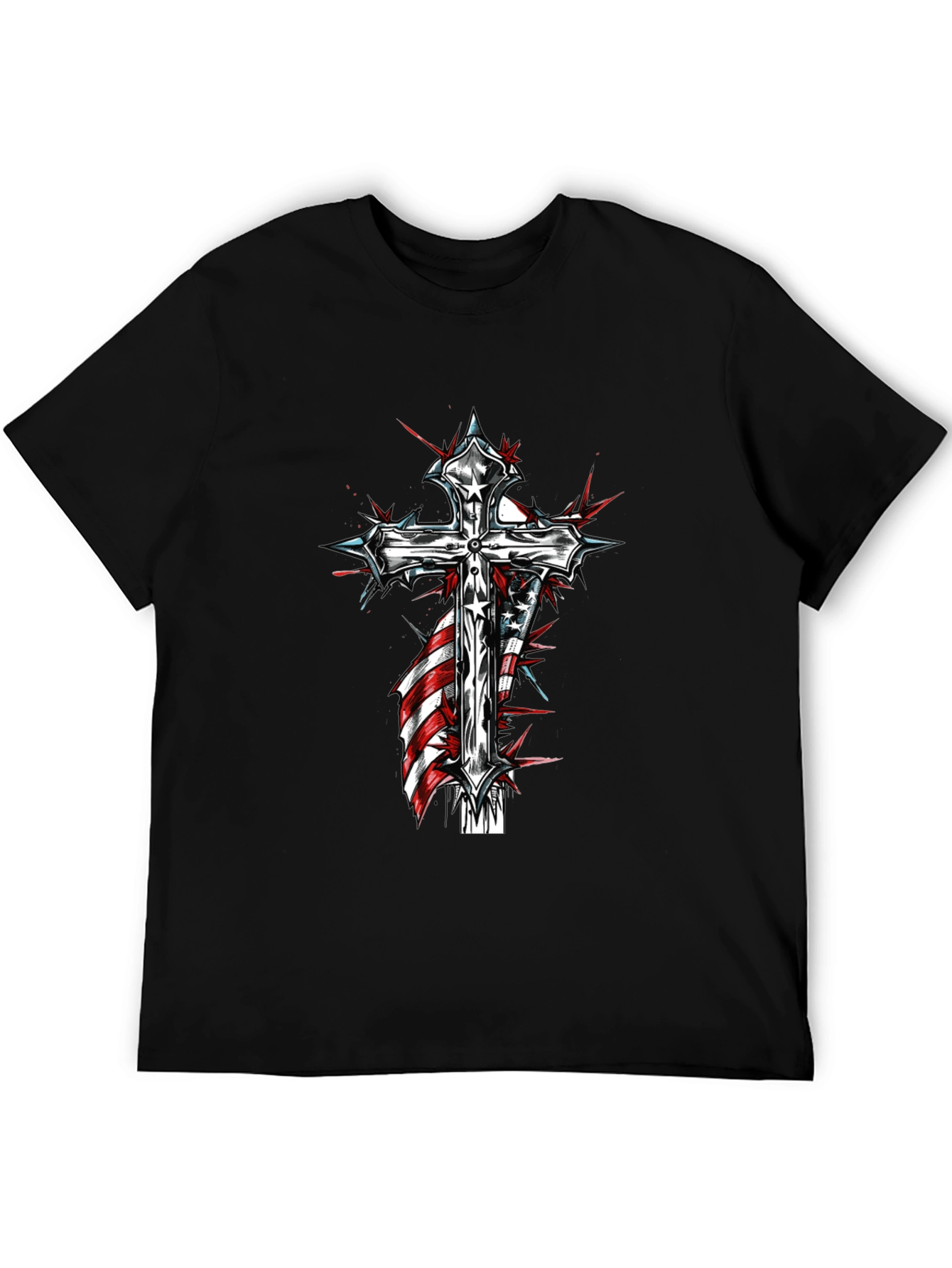 Cross & American Flag Graphic Black T-Shirt