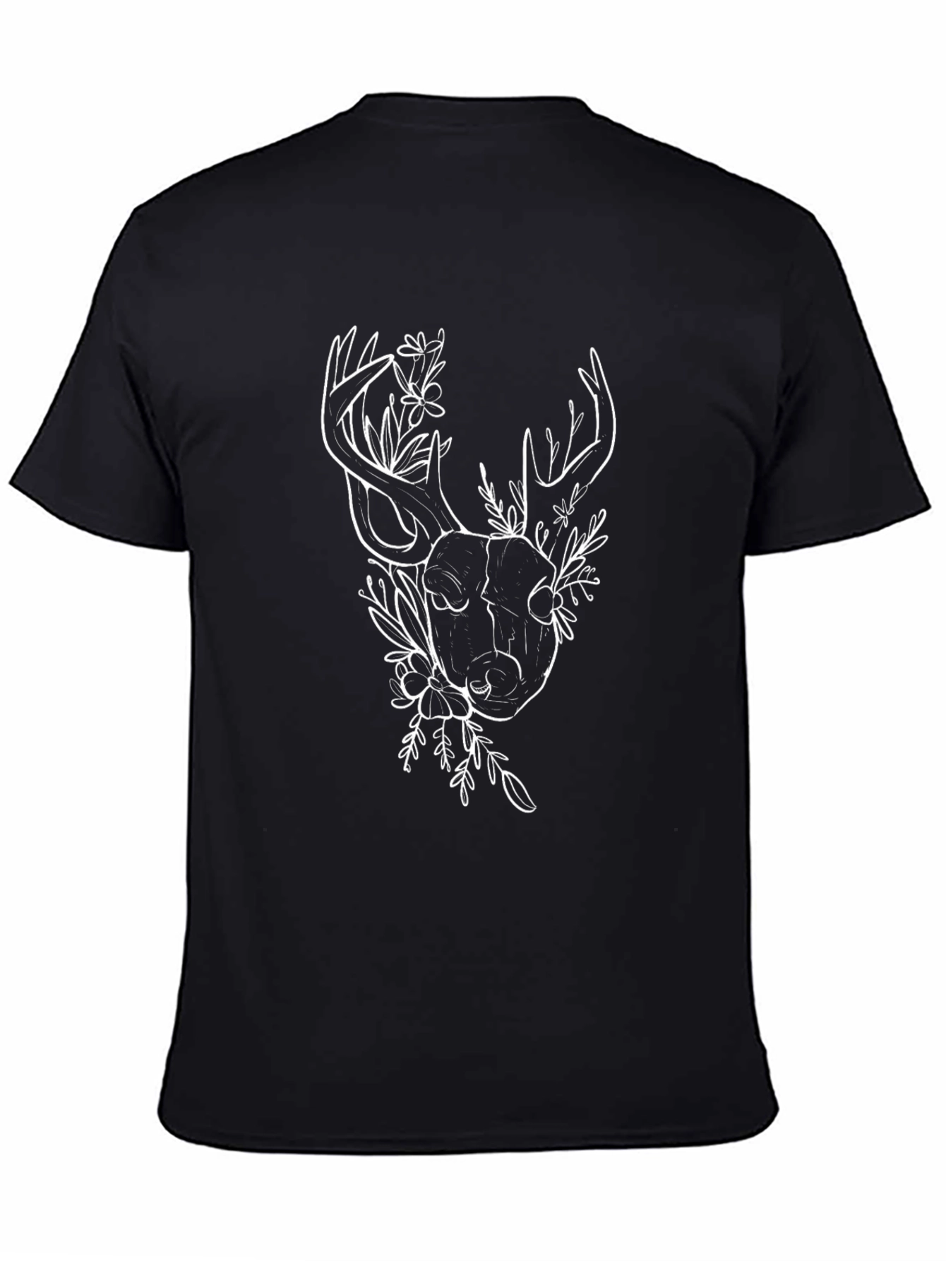 Deer Skull Floral Graphic Tee - Black Cotton