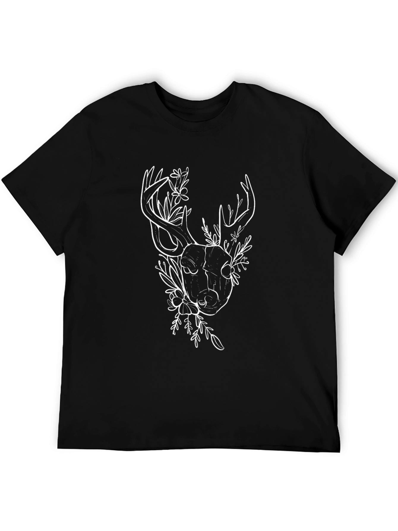 Deer Skull Floral Graphic Tee - Black Cotton