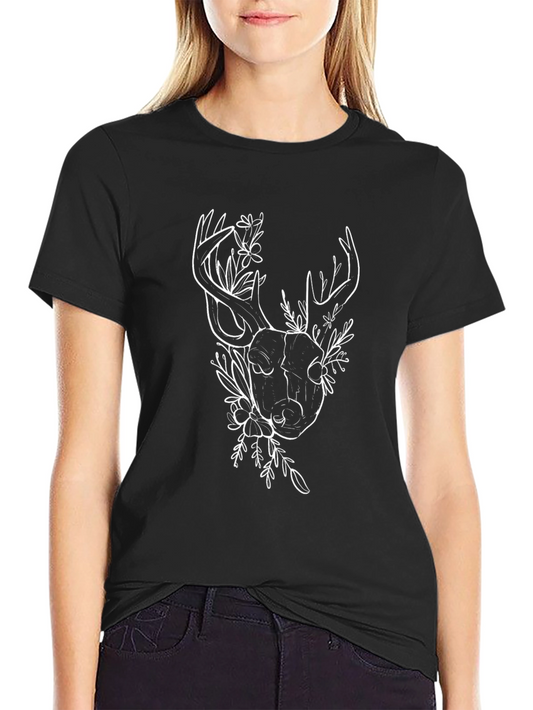 Deer Skull Floral Graphic Tee - Black Cotton