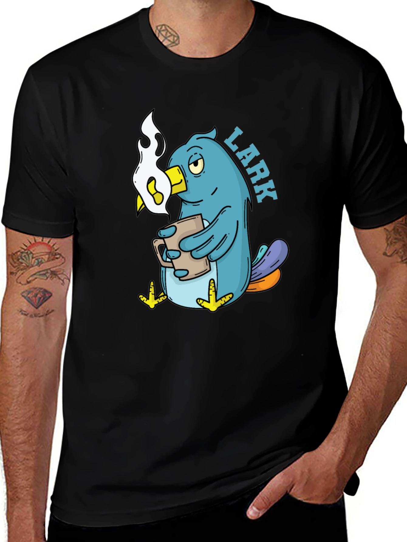 Lark Coffee T-Shirt - Black Cotton Cartoon Bird Design