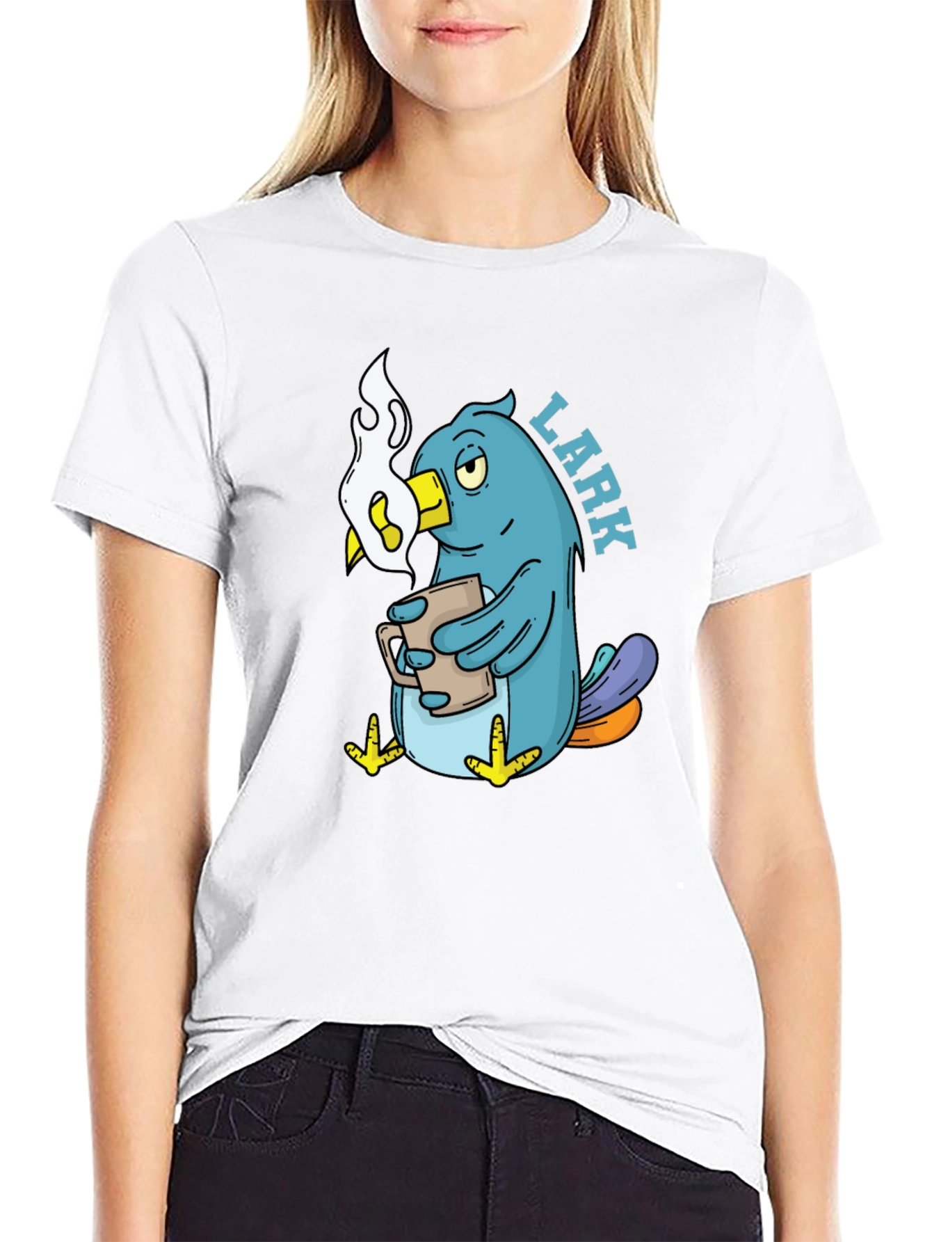 Lark Coffee T-Shirt - Black Cotton Cartoon Bird Design