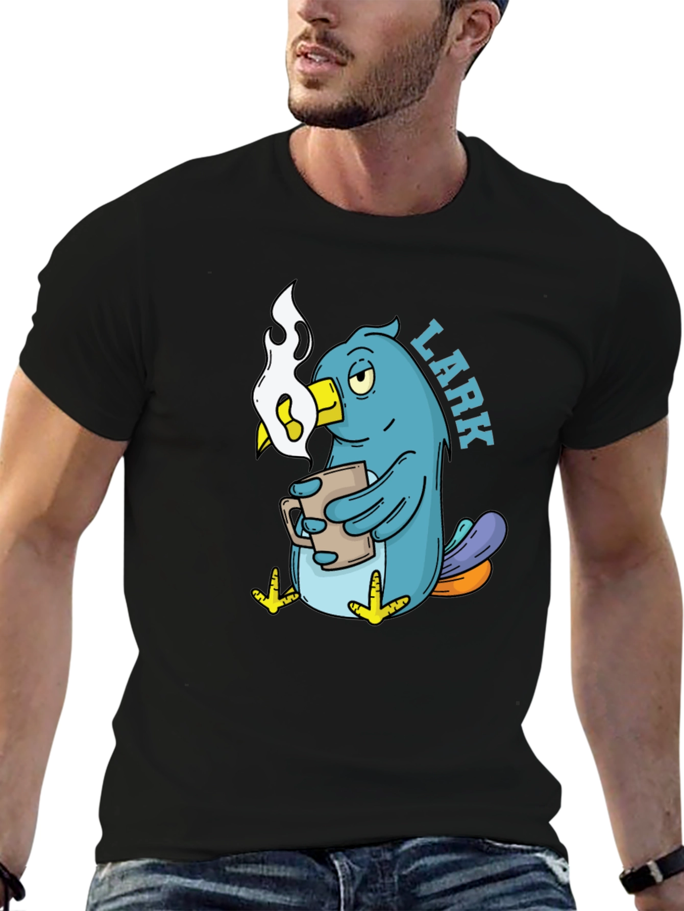 Lark Coffee T-Shirt - Black Cotton Cartoon Bird Design