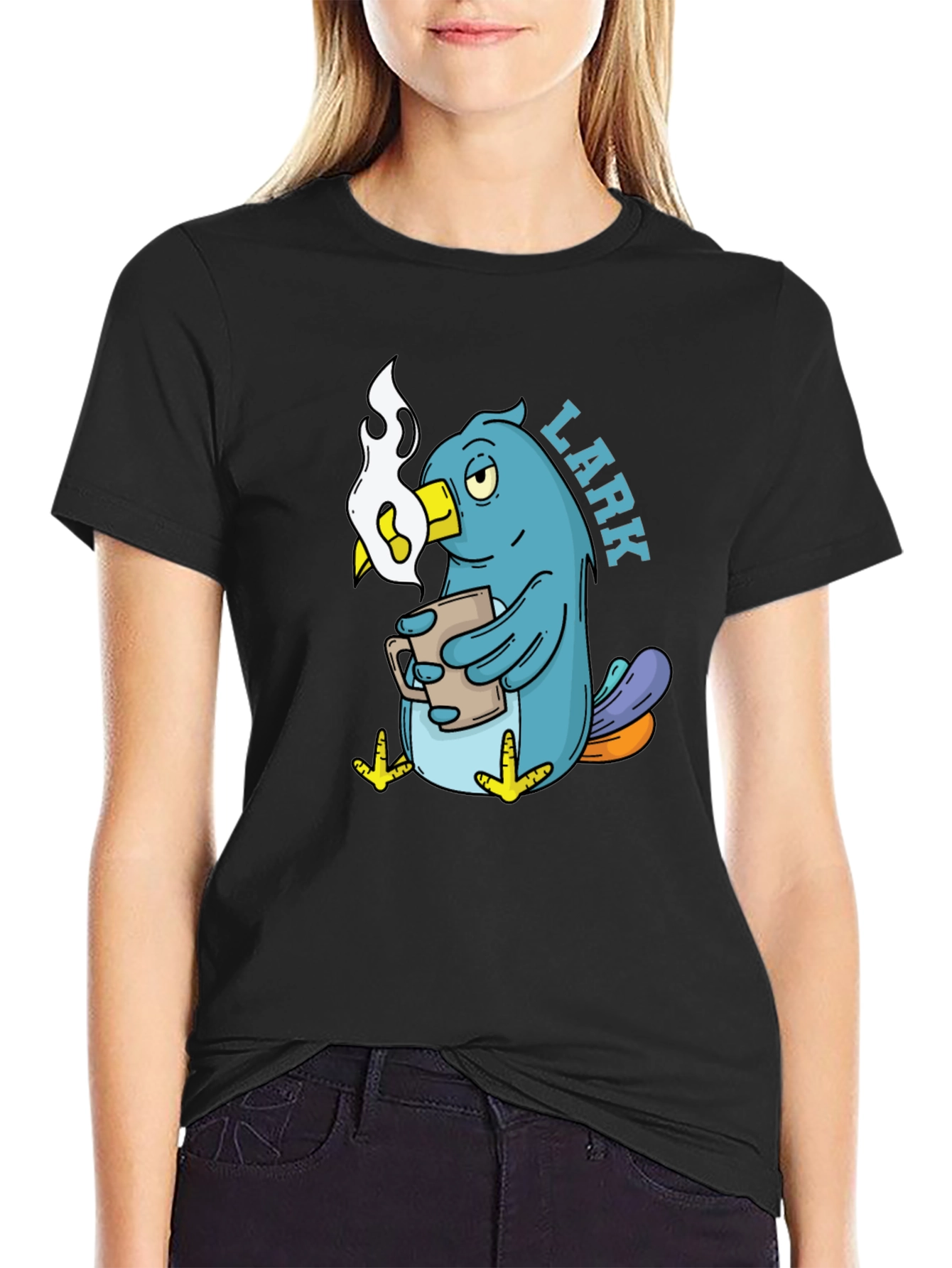 Lark Coffee T-Shirt - Black Cotton Cartoon Bird Design