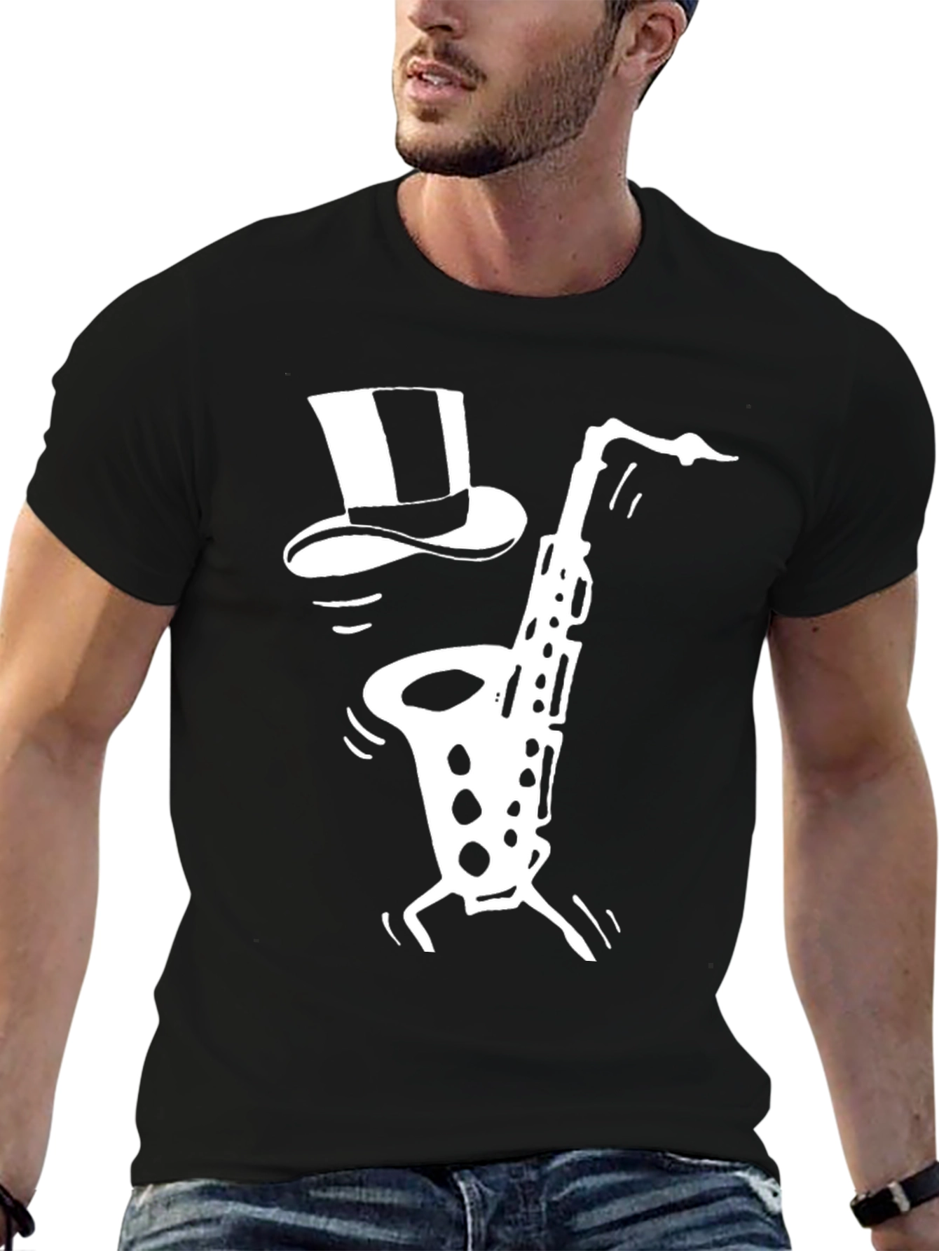 Black Saxophone Top Hat Graphic Tee