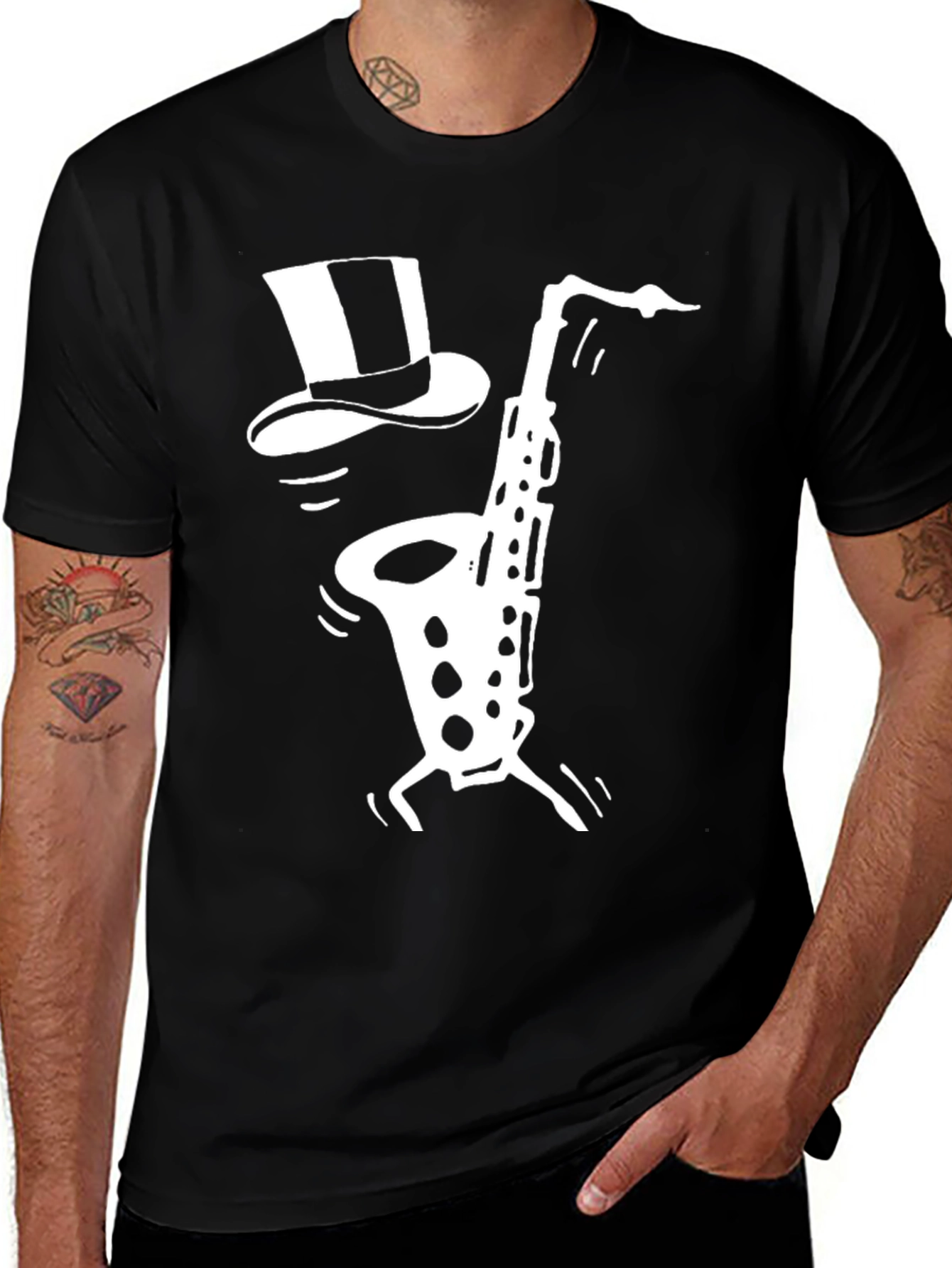 Black Saxophone Top Hat Graphic Tee