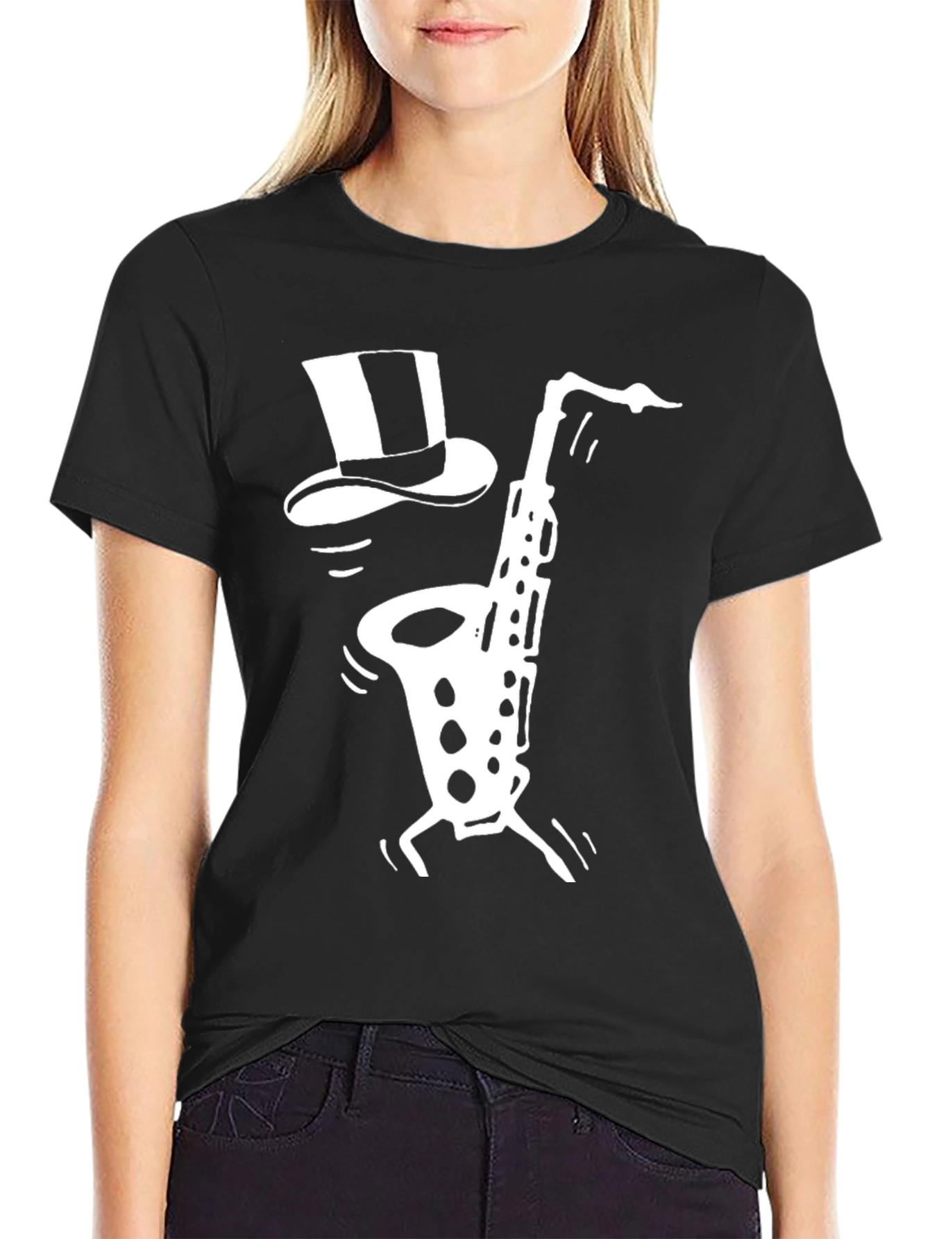 Black Saxophone Top Hat Graphic Tee
