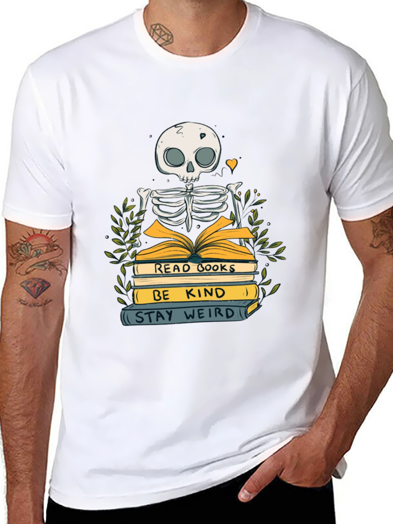 Skeleton Reading Books Graphic Tee - Stay Weird