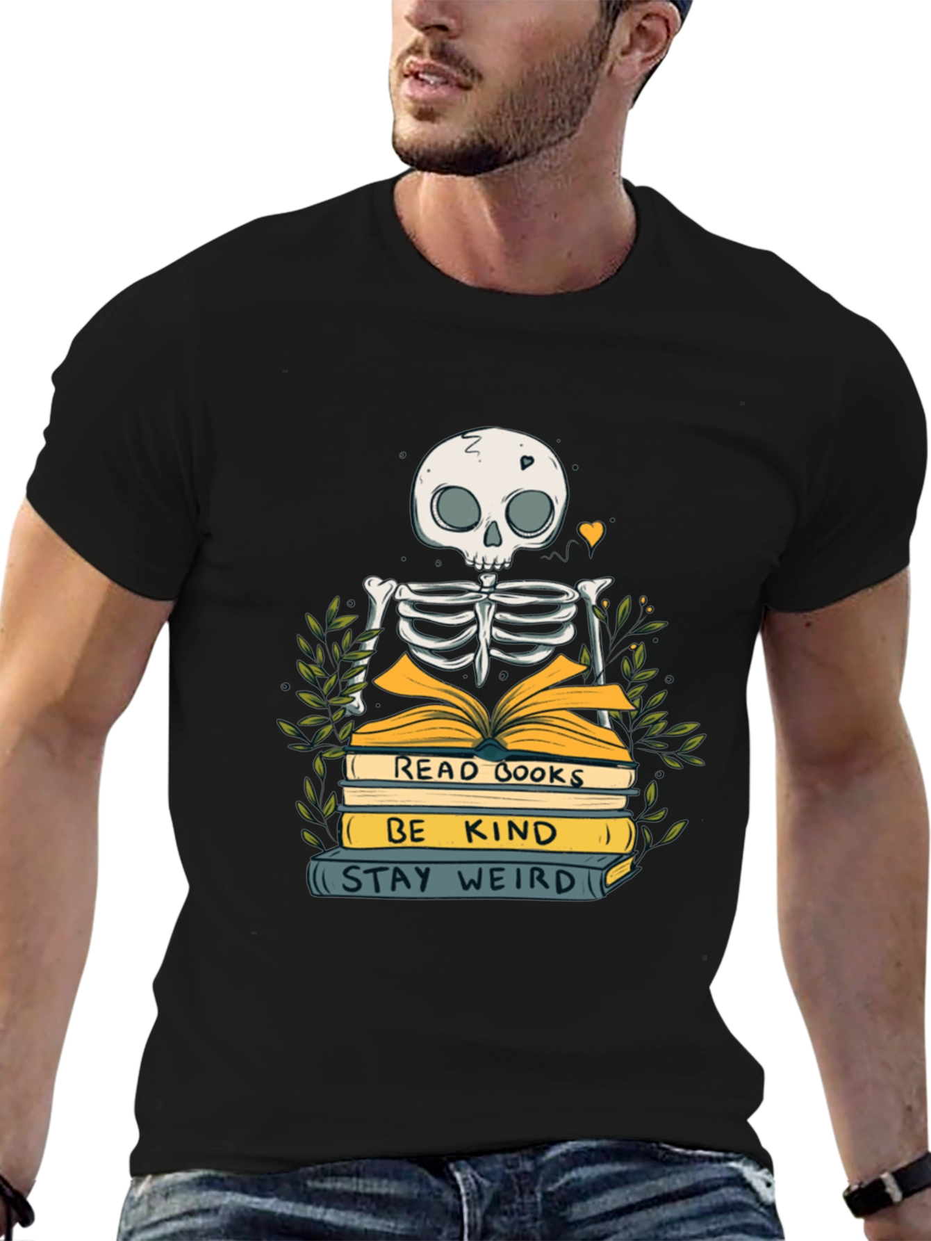 Skeleton Reading Books Graphic Tee - Stay Weird