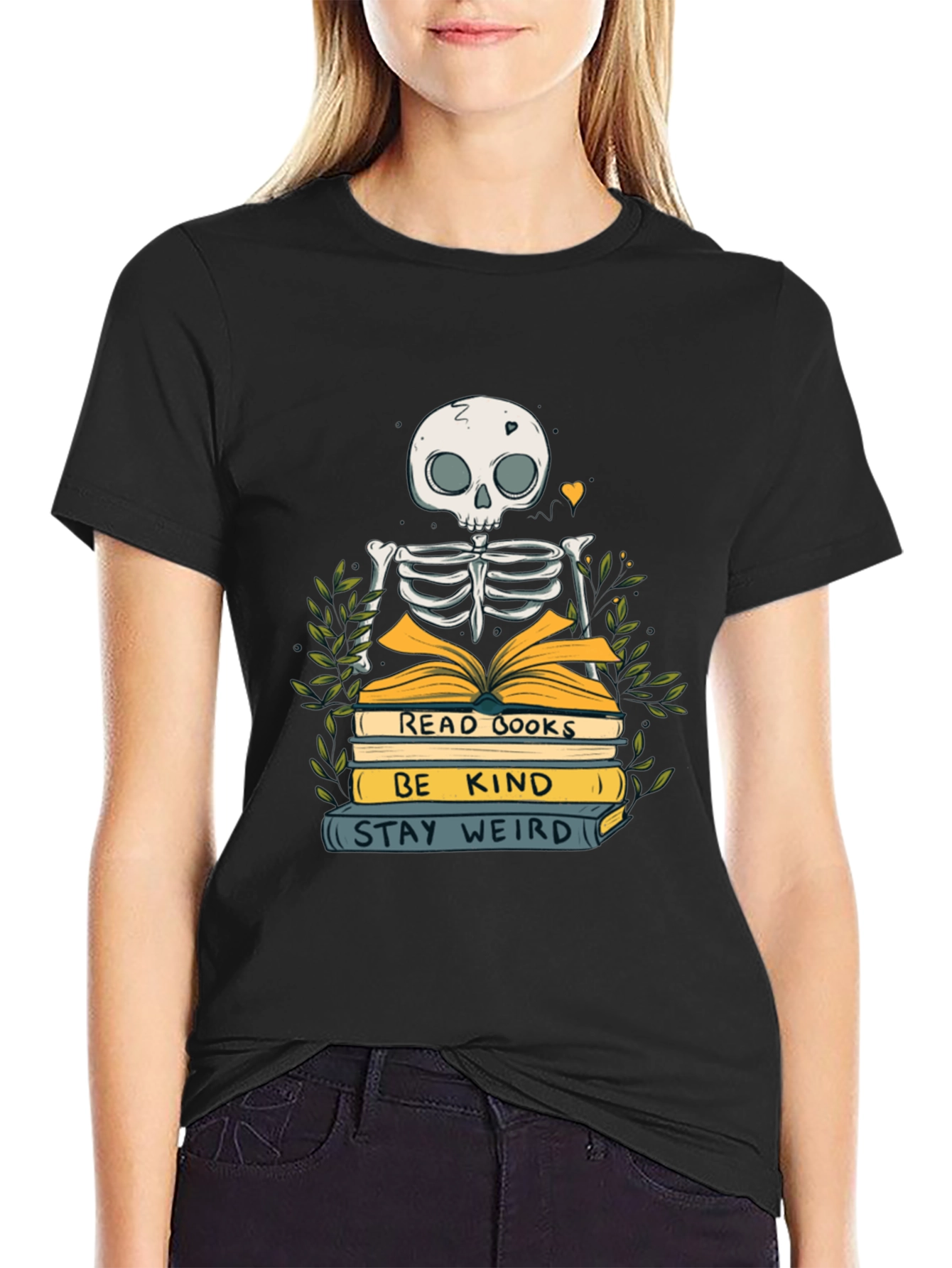 Skeleton Reading Books Graphic Tee - Stay Weird