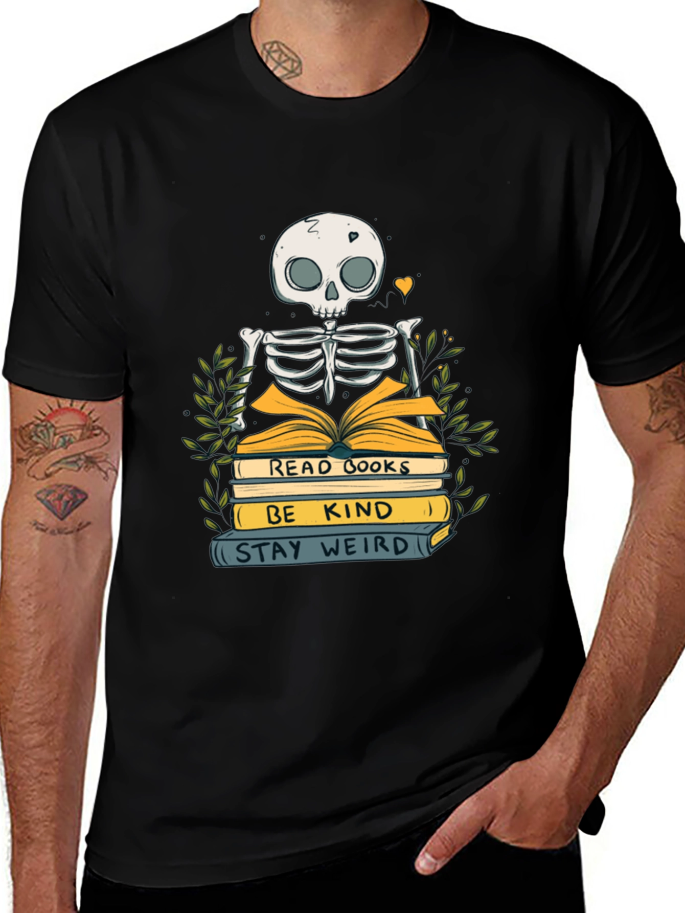 Skeleton Reading Books Graphic Tee - Stay Weird