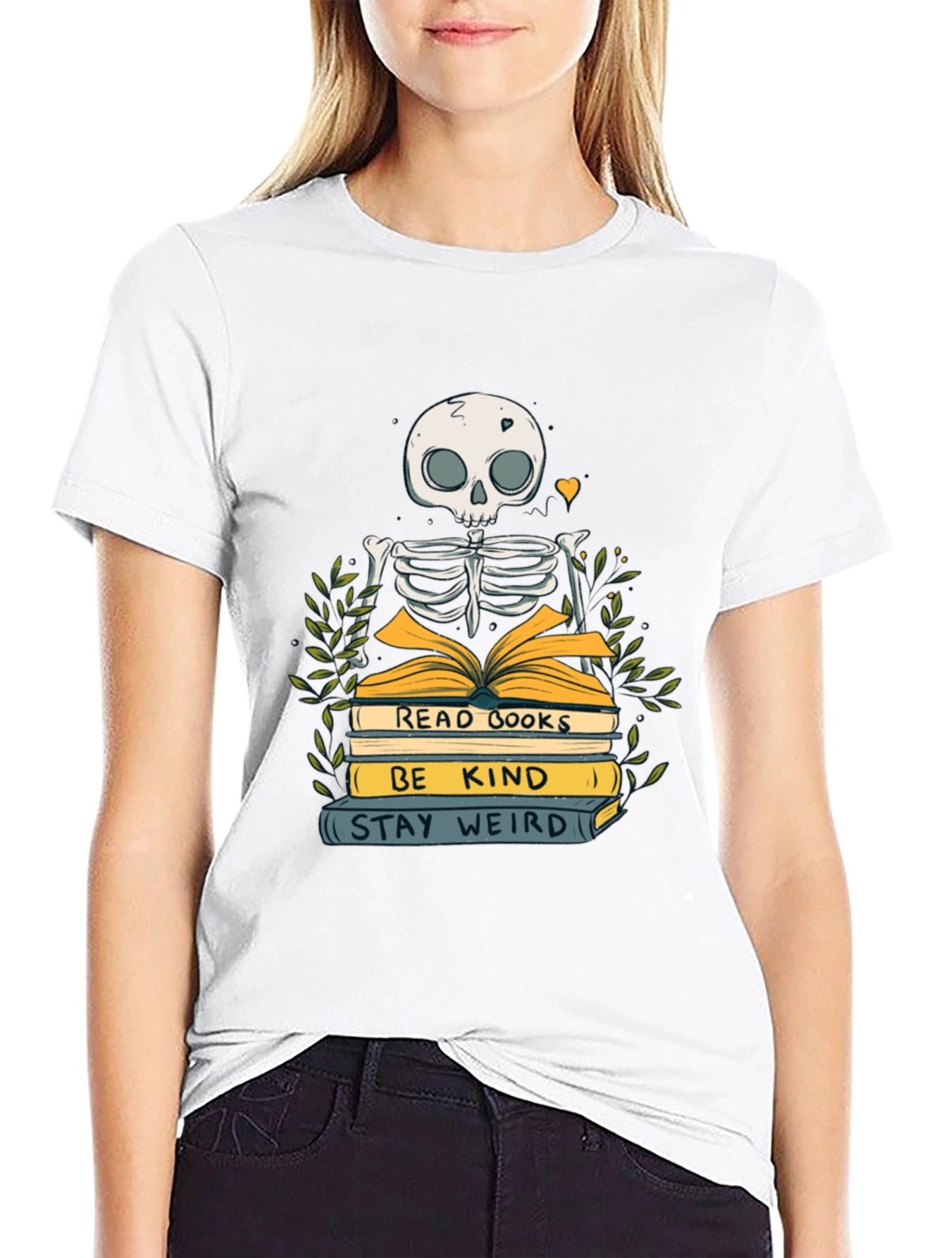 Skeleton Reading Books Graphic Tee - Stay Weird