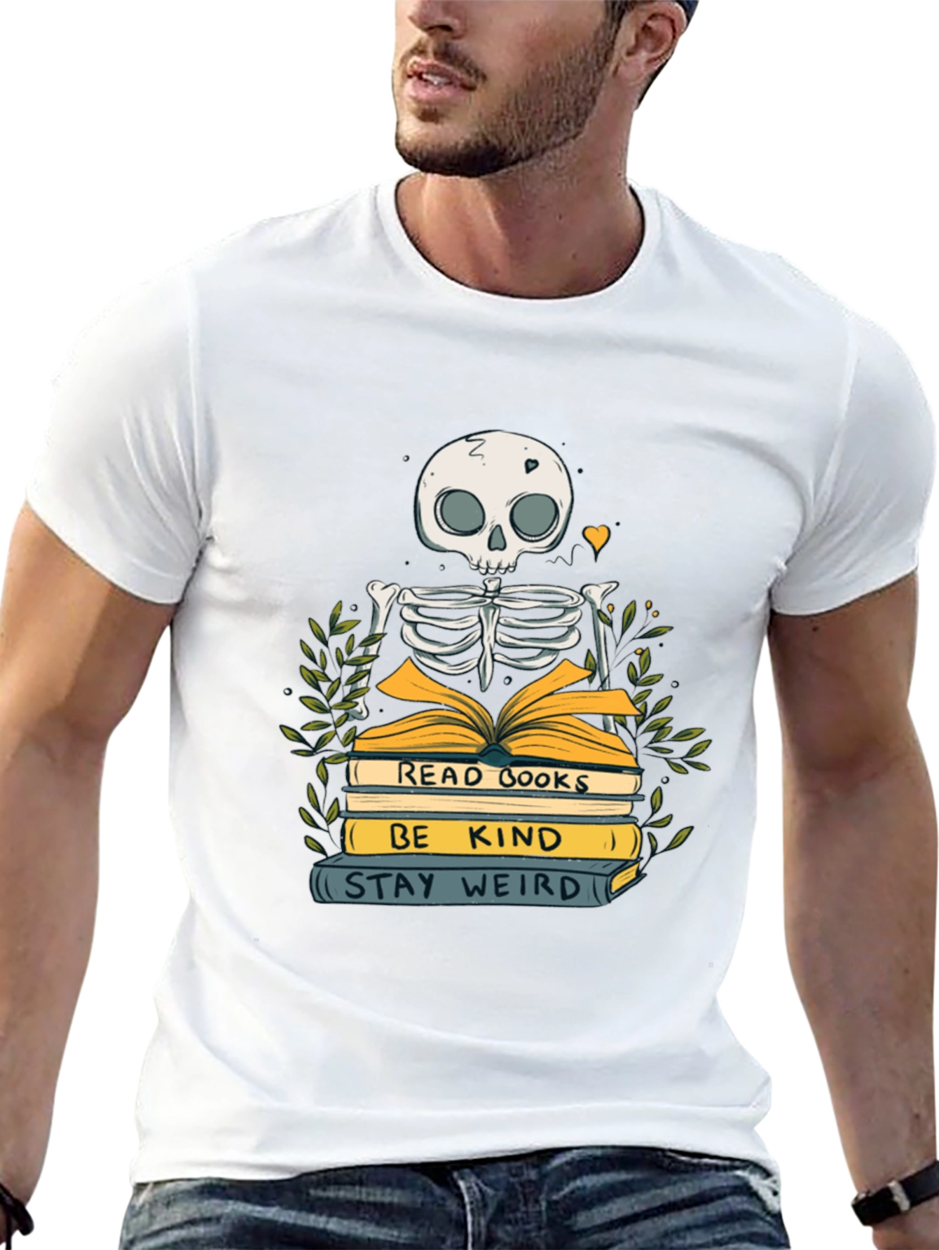 Skeleton Reading Books Graphic Tee - Stay Weird
