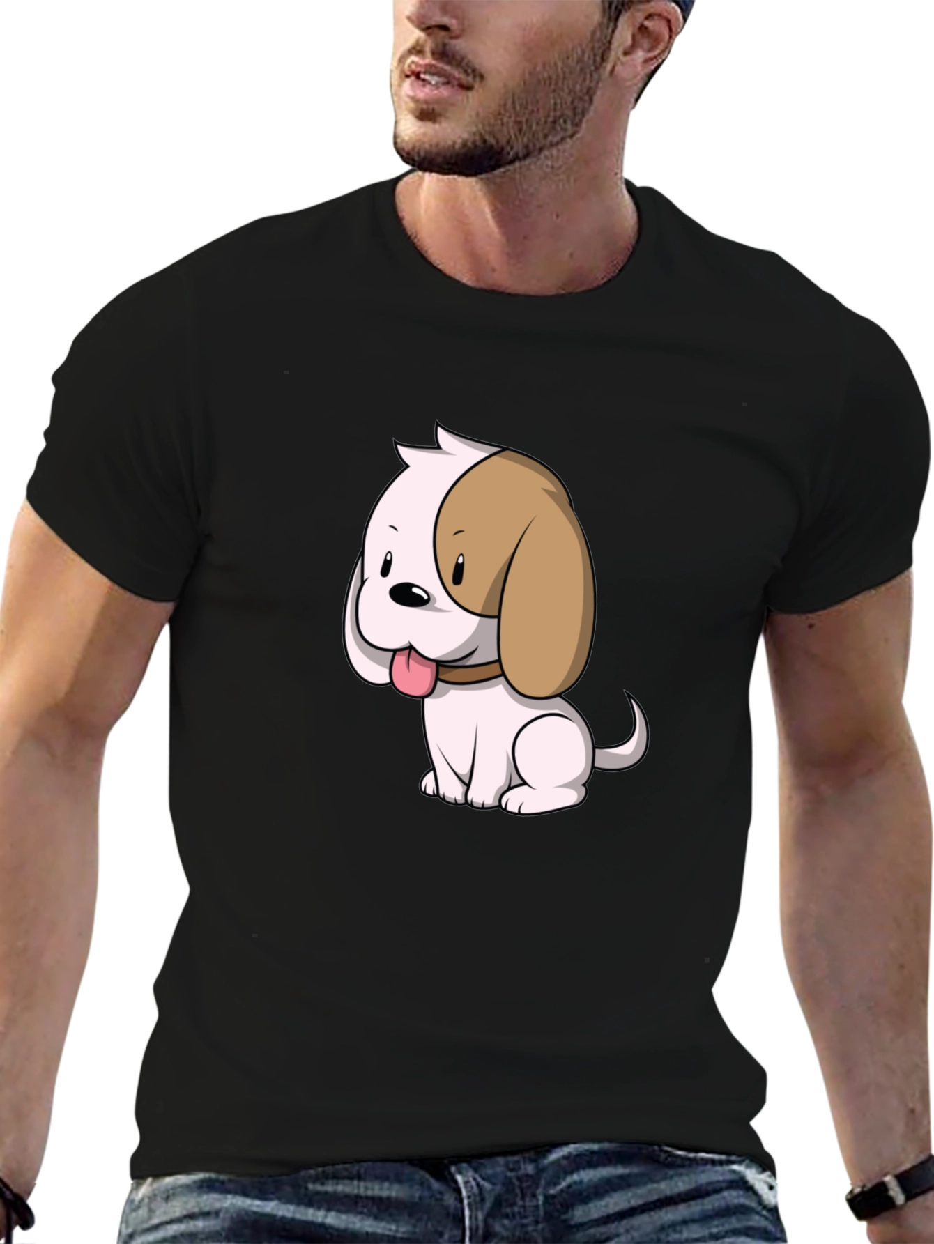 Cute Cartoon Puppy Dog Graphic T-Shirt - Black