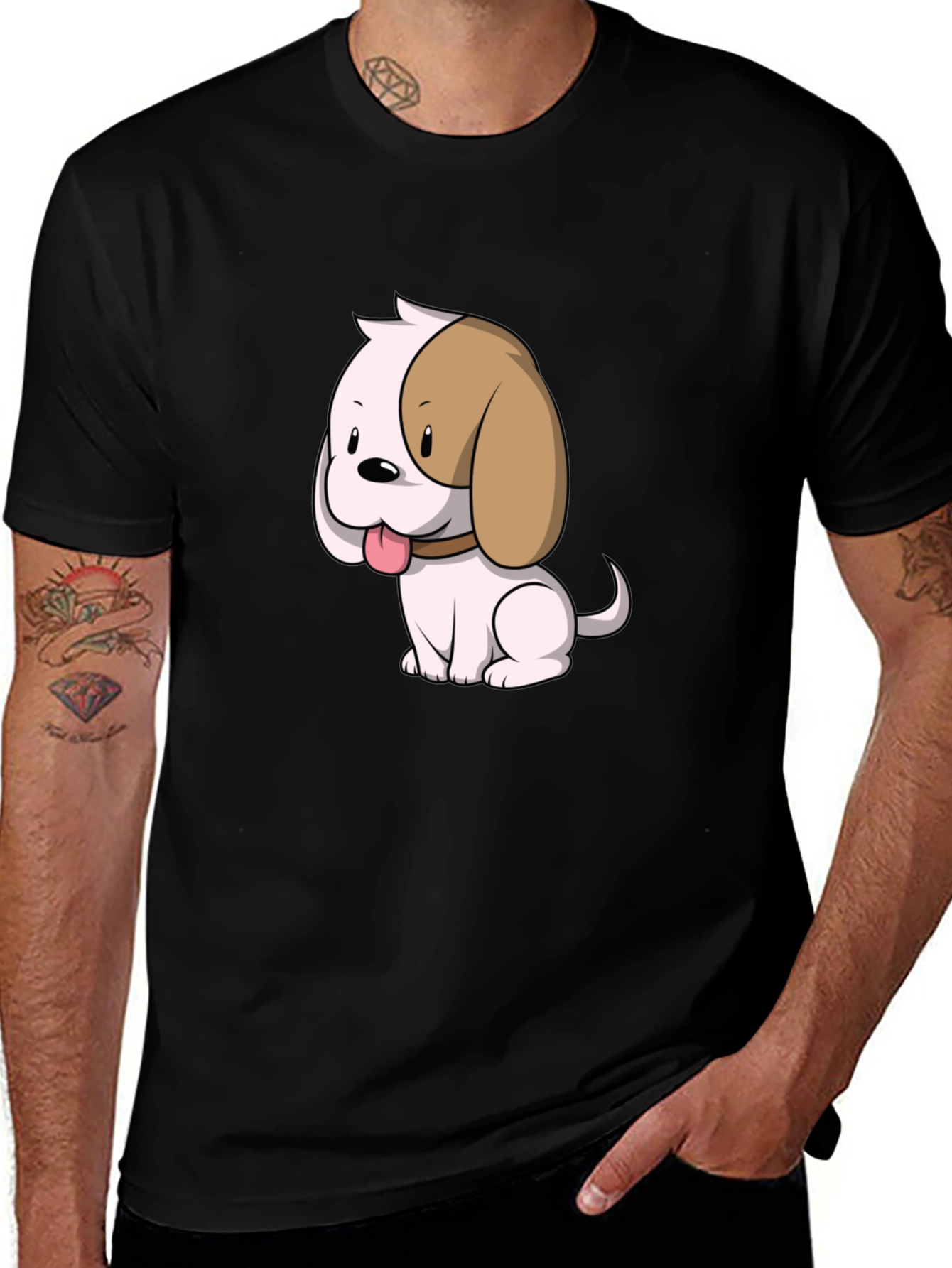 Cute Cartoon Puppy Dog Graphic T-Shirt - Black