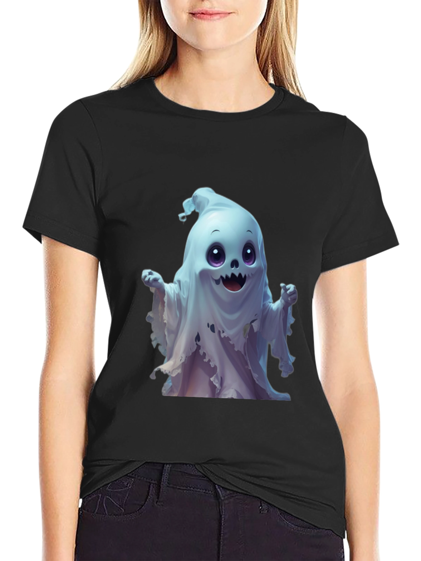 Spooky Cute Ghost Graphic Tee - Black