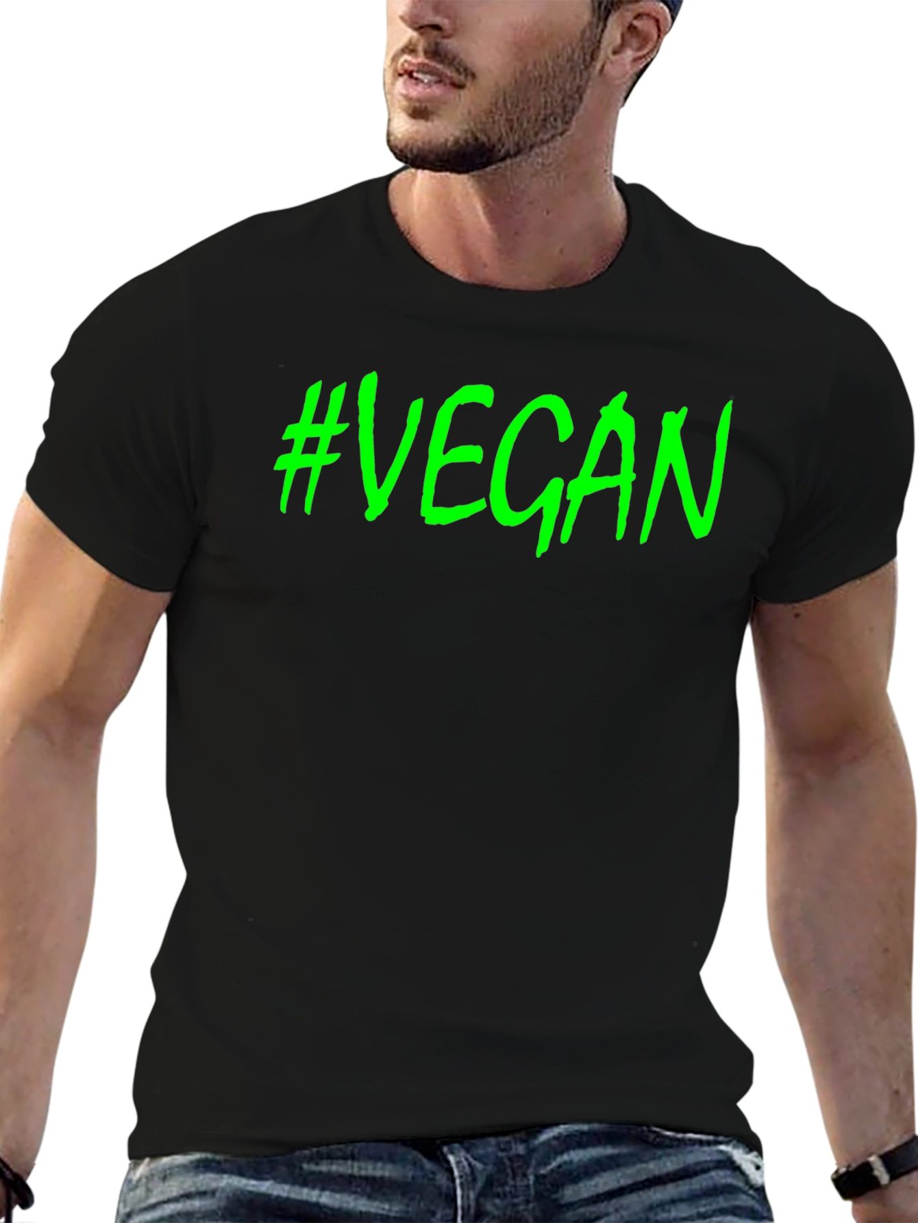 #Vegan Black T-Shirt - Bold Green Graphic Tee