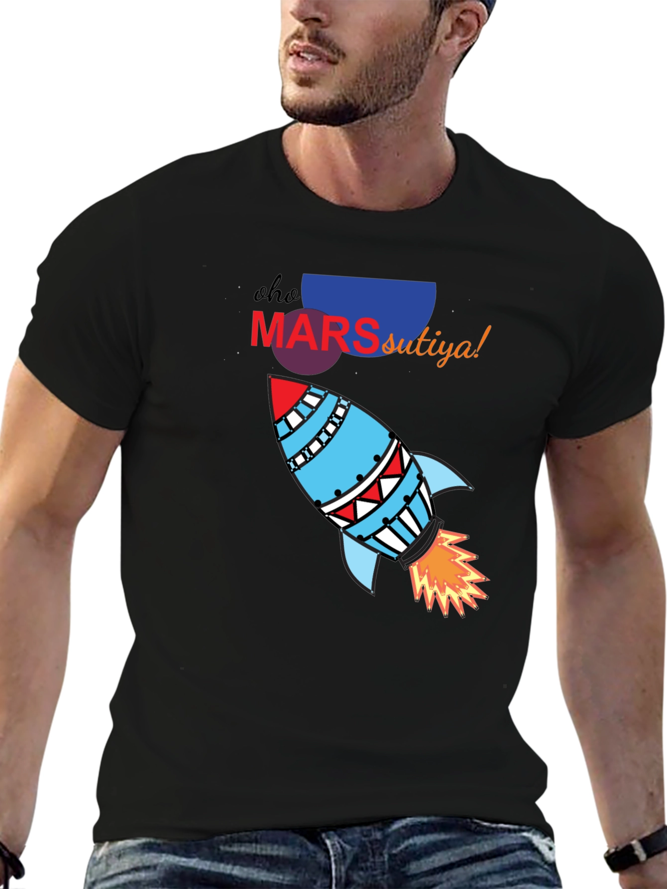 Mars Rocket Graphic T-Shirt - Black Cotton Blend