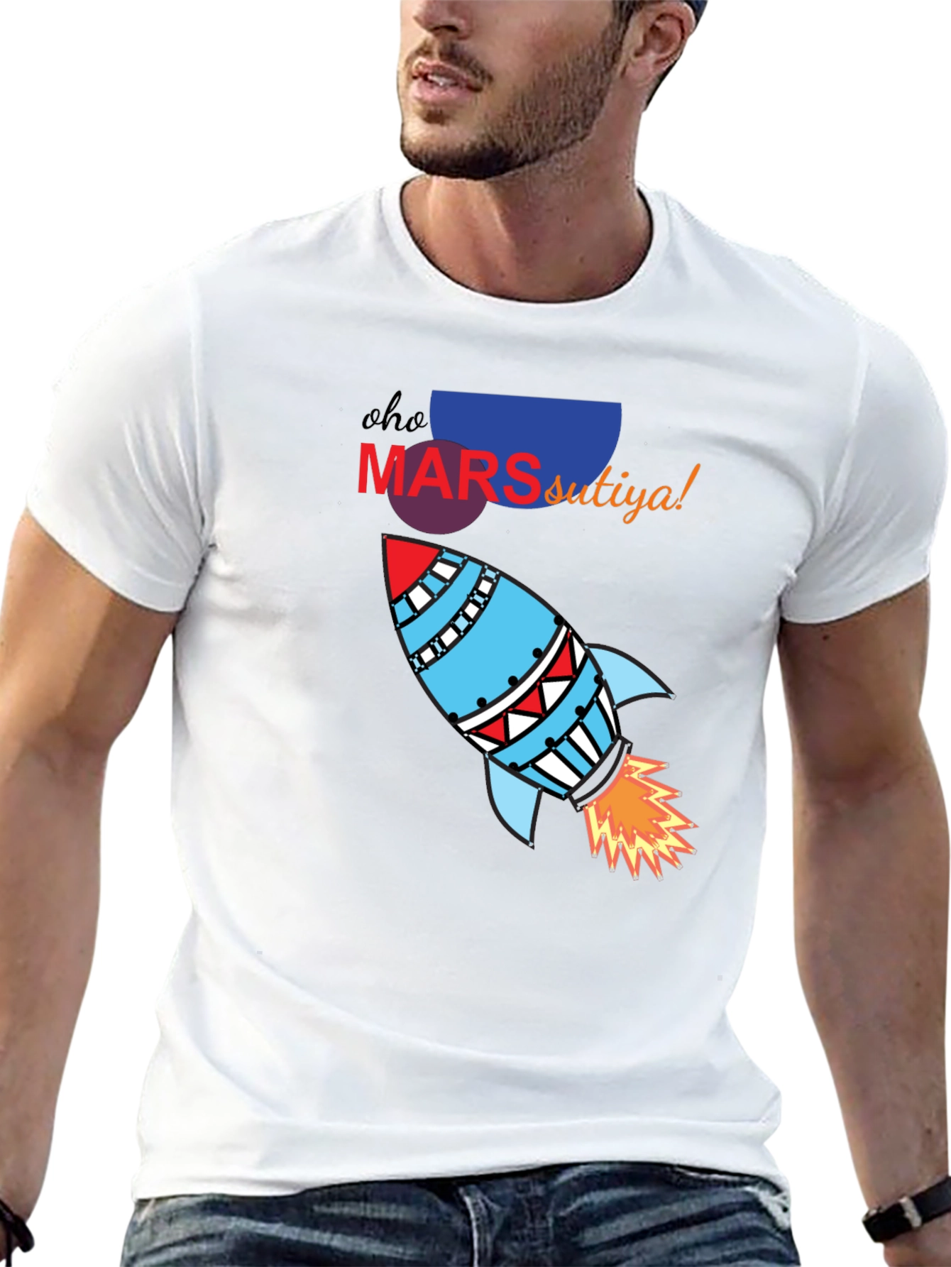 Mars Rocket Graphic T-Shirt - Black Cotton Blend