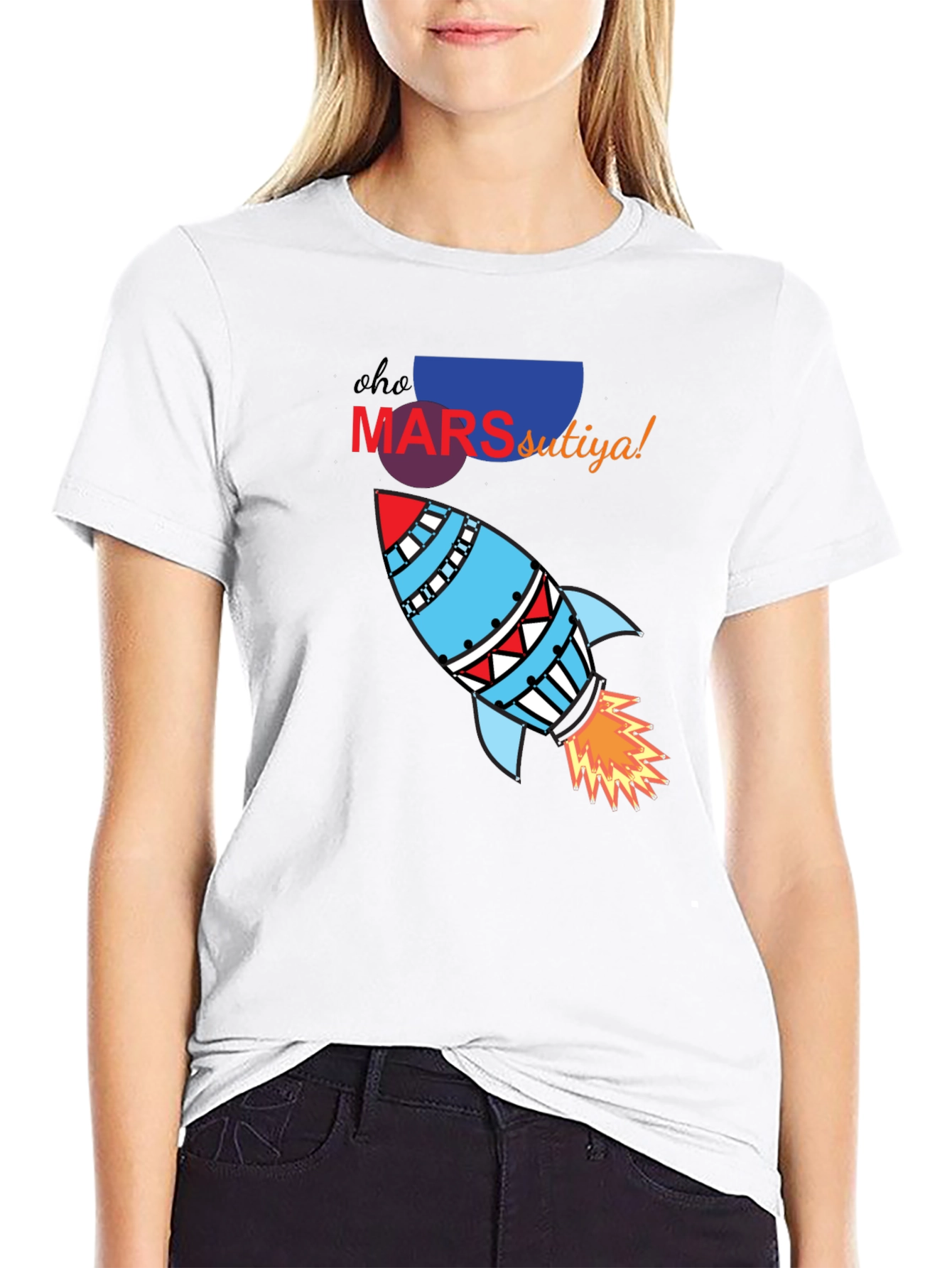 Mars Rocket Graphic T-Shirt - Black Cotton Blend