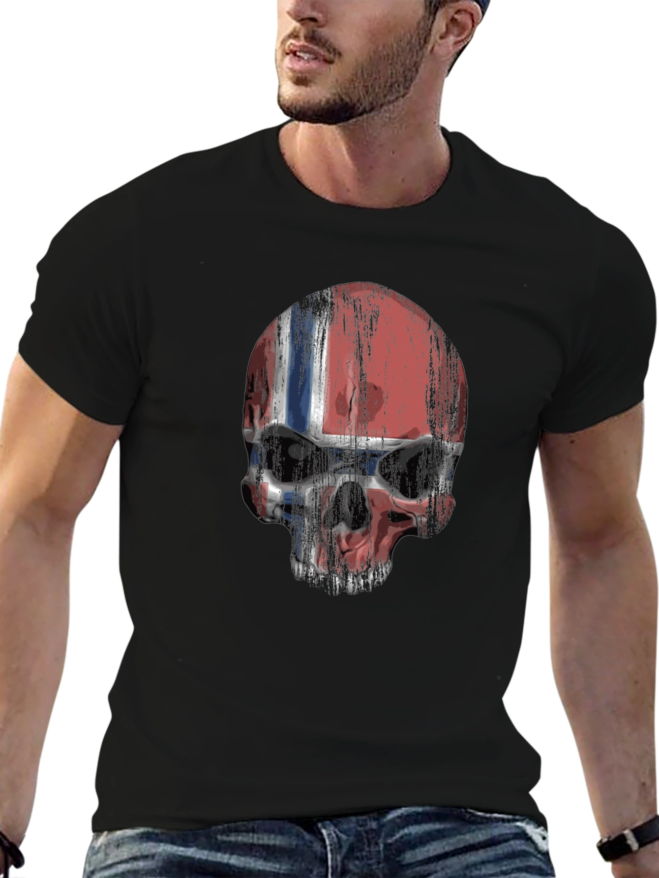 Norway Flag Skull Graphic Print Black T-Shirt