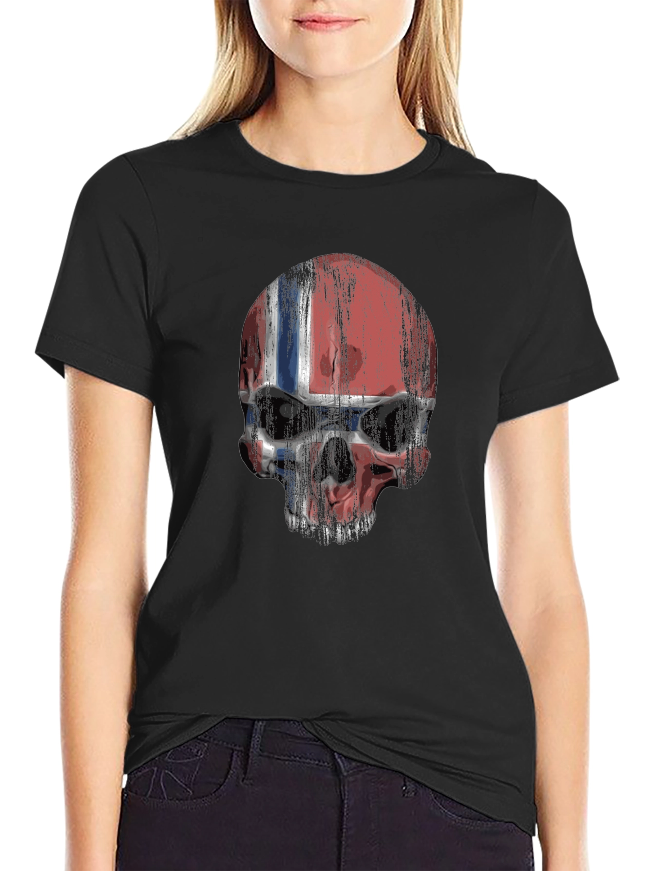 Norway Flag Skull Graphic Print Black T-Shirt