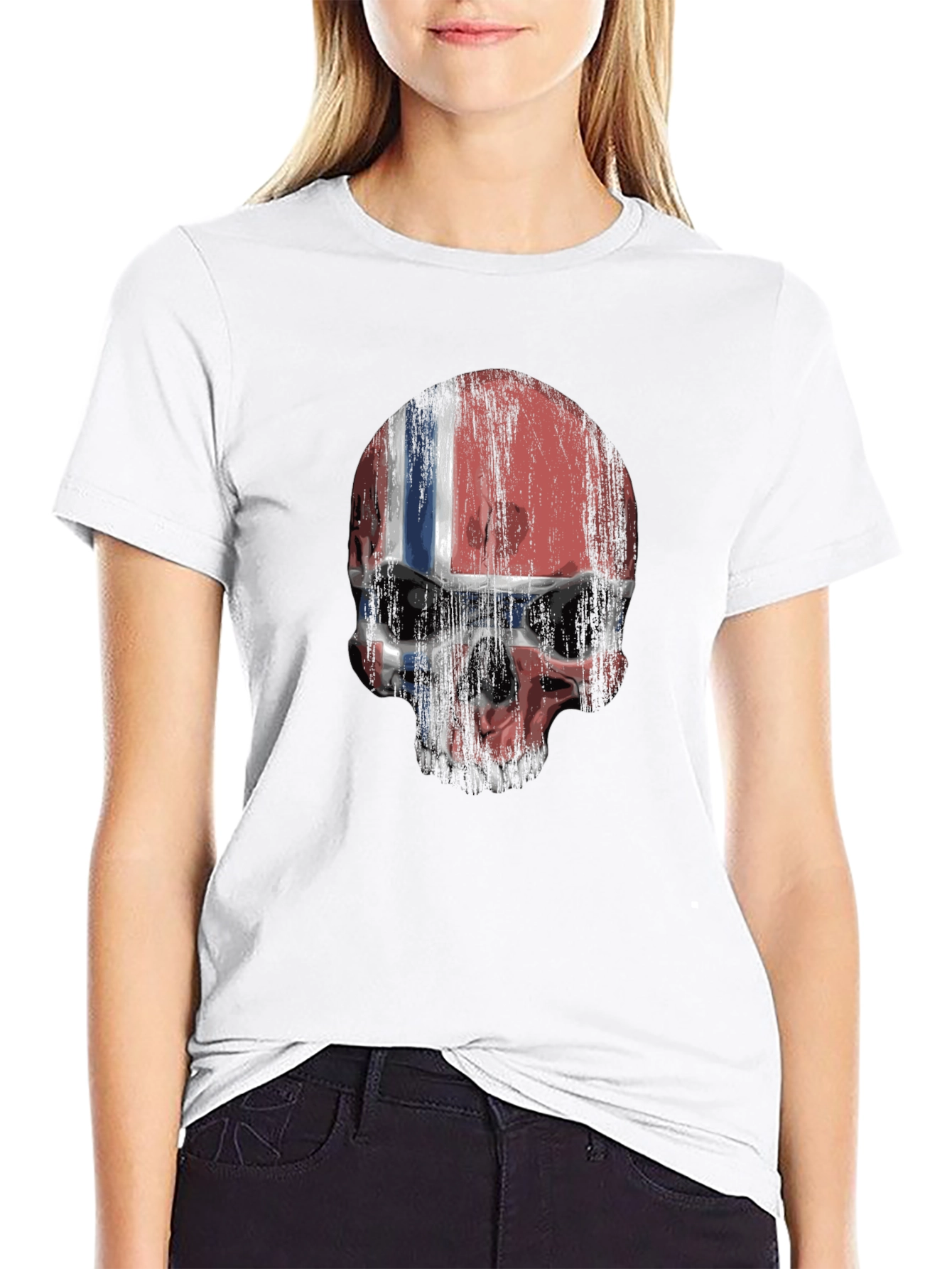 Norway Flag Skull Graphic Print Black T-Shirt