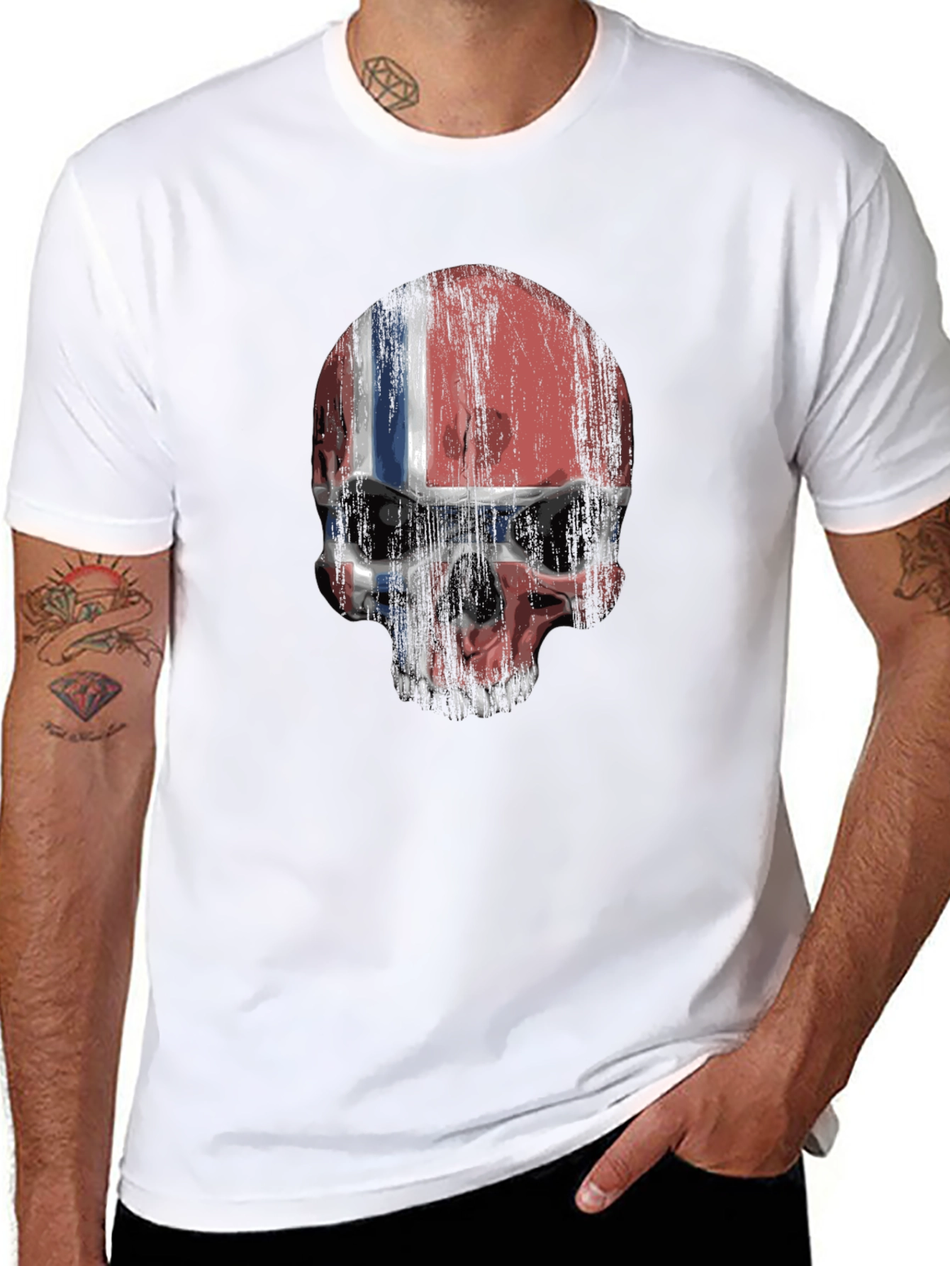 Norway Flag Skull Graphic Print Black T-Shirt