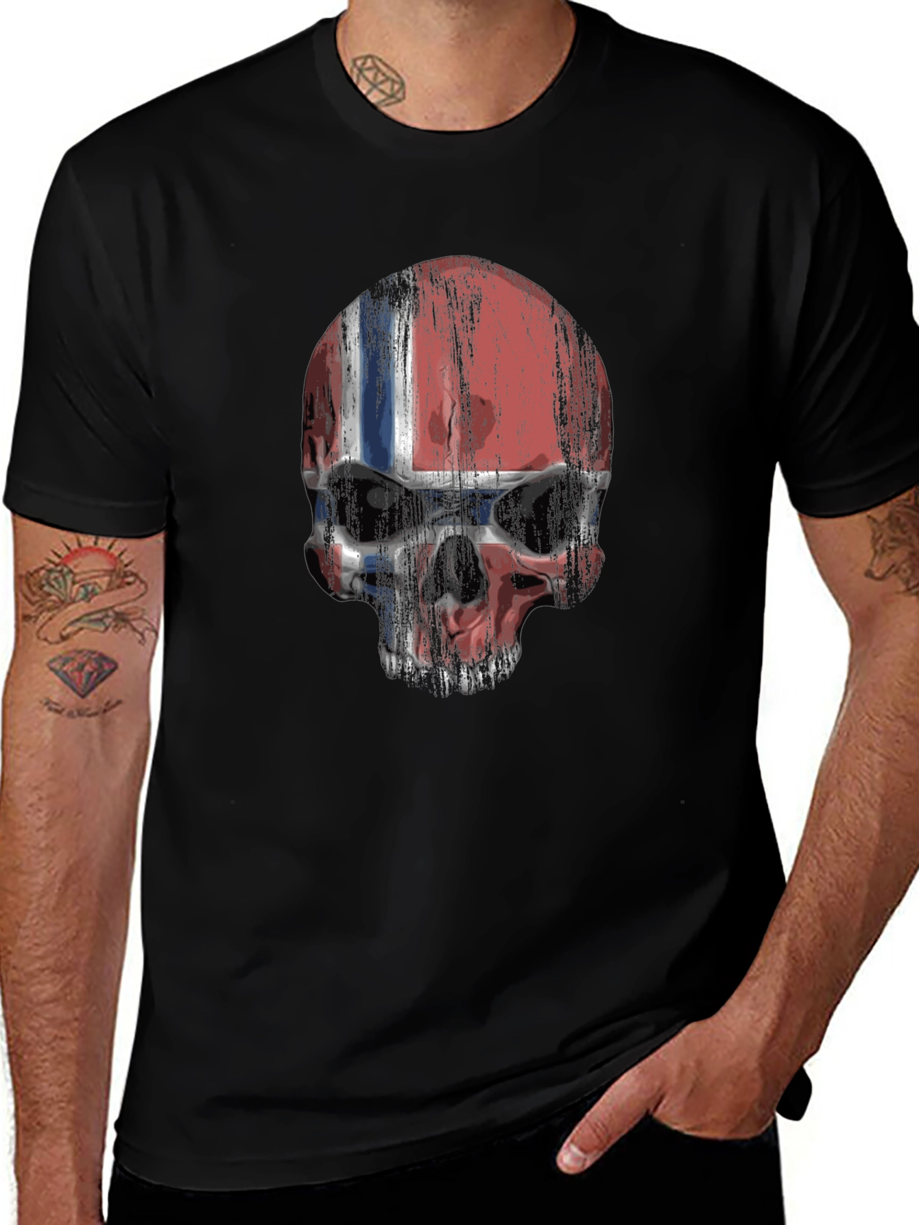 Norway Flag Skull Graphic Print Black T-Shirt