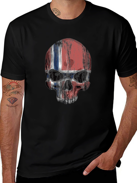 Norway Flag Skull Graphic Print Black T-Shirt