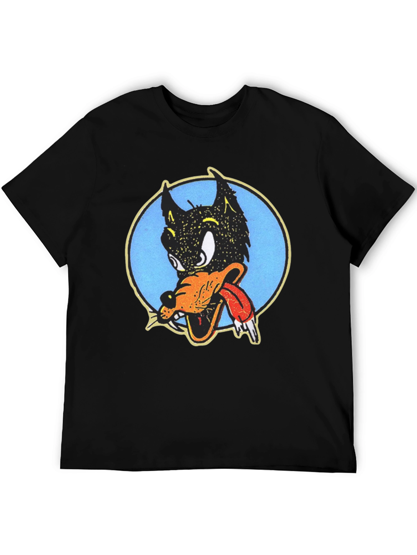 Cartoon Wolf Graphic Tee - Black Cotton T-Shirt
