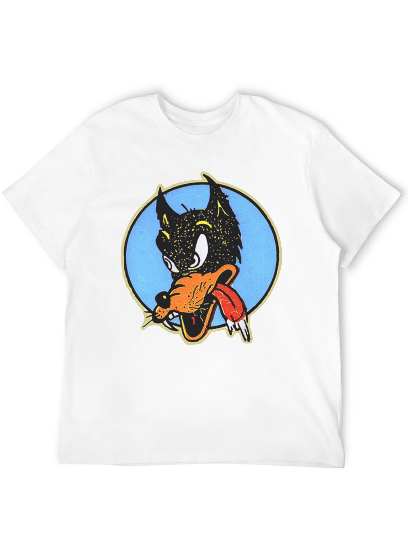 Cartoon Wolf Graphic Tee - Black Cotton T-Shirt