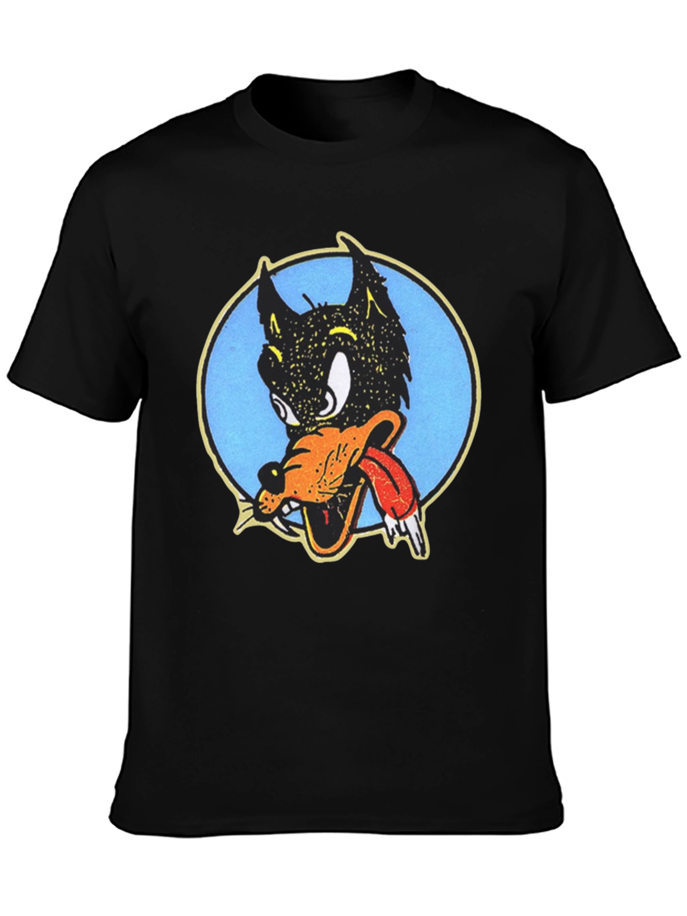 Cartoon Wolf Graphic Tee - Black Cotton T-Shirt