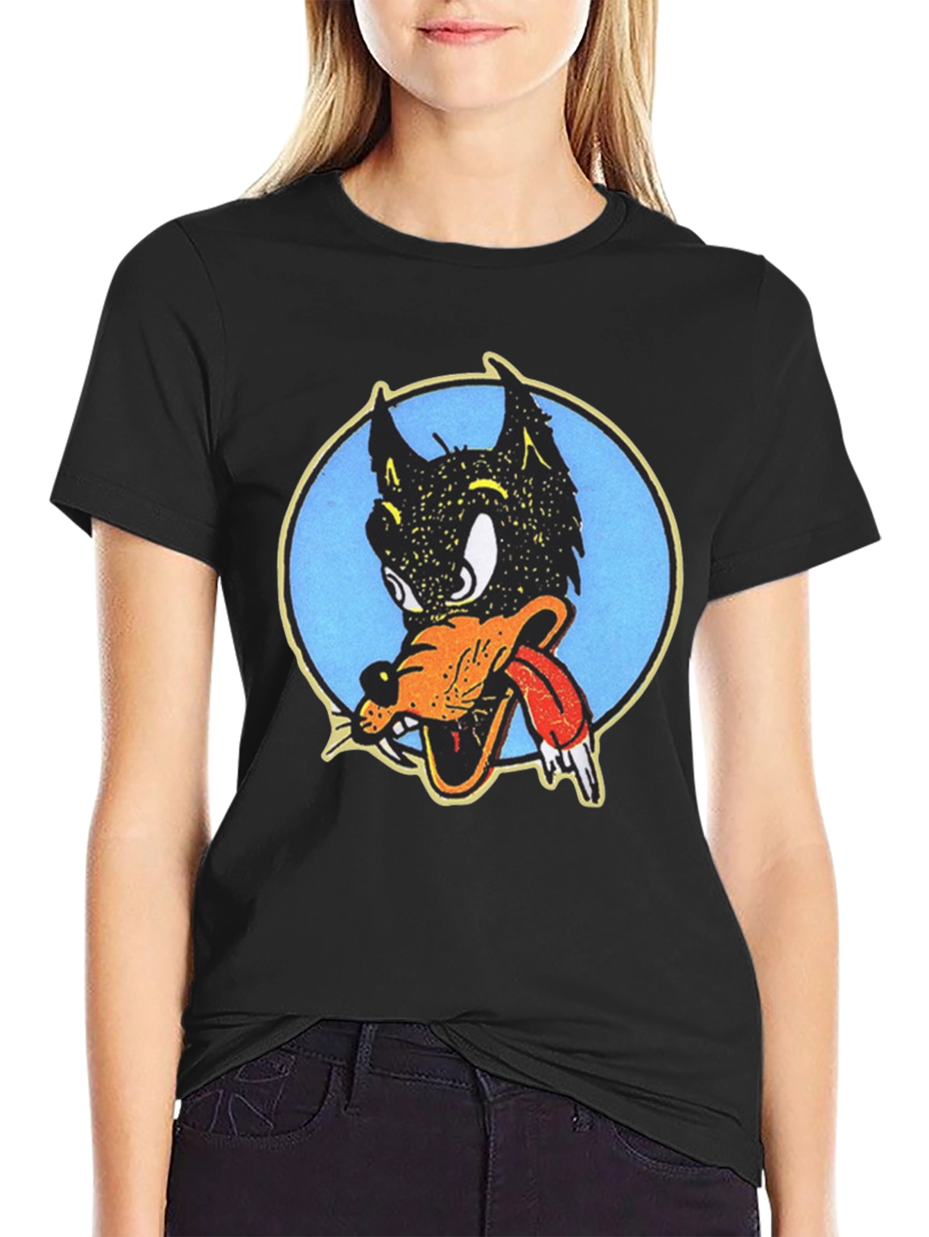 Cartoon Wolf Graphic Tee - Black Cotton T-Shirt
